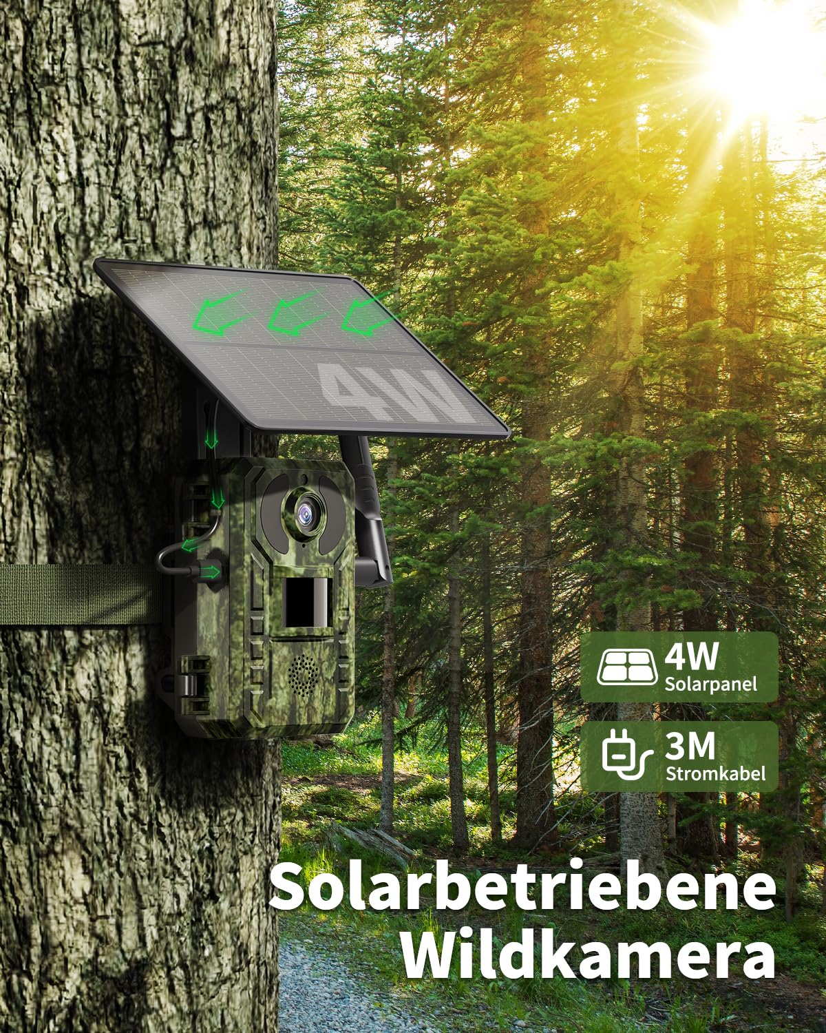 NUASI 4G LTE trail camera with SIM card, cell phone transmission app, motion sensor night vision, 2.7K 4G solar trail camera with 128G storage card, IP66 waterproof, PIR detection.