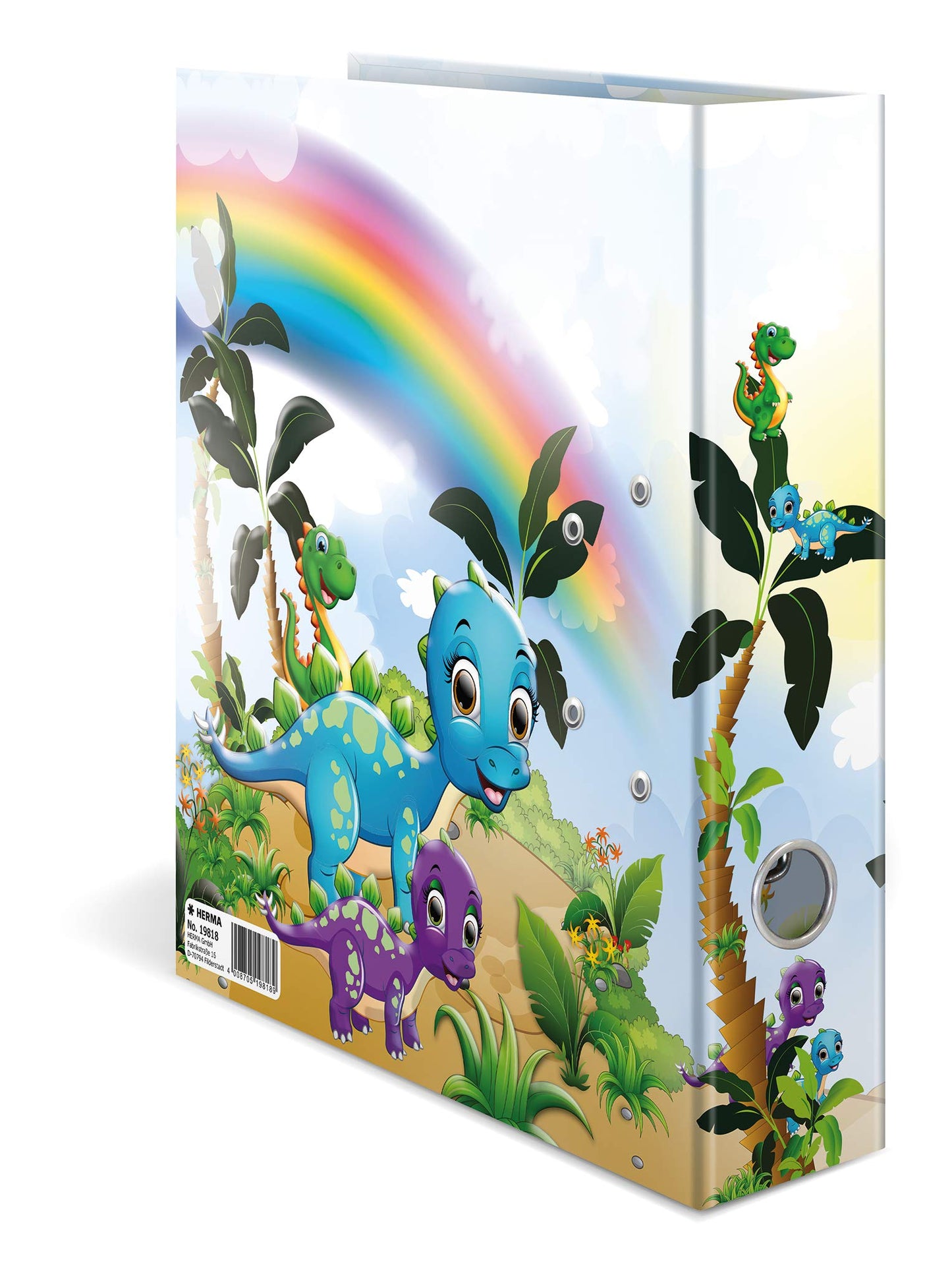 HERMA A4 Dino Set with 10 folders, 7 cm wide. Ring binder featuring kindergarten dinosaur design. Colorful file organizer with inner print for boys, girls, and kids.