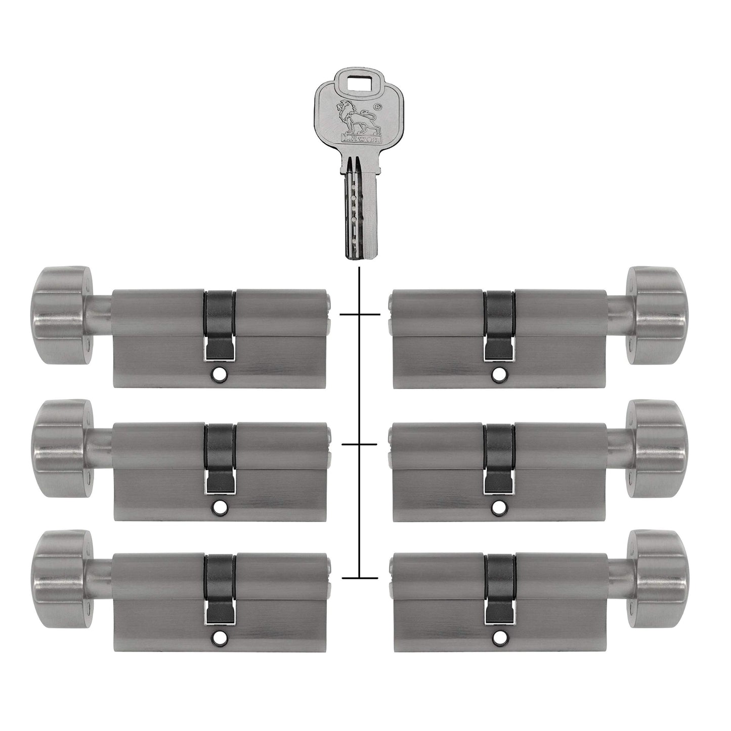 6x Cylinder lock with knob 60 mm 30/30 KD keyed alike including 20 keys