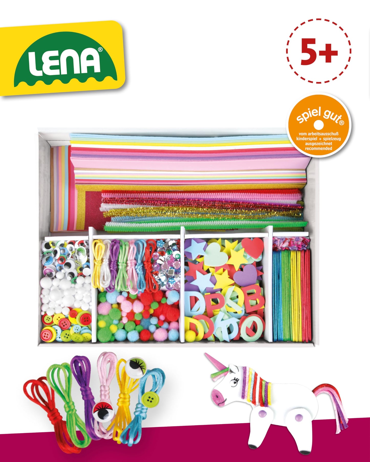 Lena Jumbo Craft Kit with 800 pieces, includes paper, foam, pipe cleaners, rhinestones, googly eyes, pom poms, and buttons, pastel colors with pink tones, for ages 5 and up.