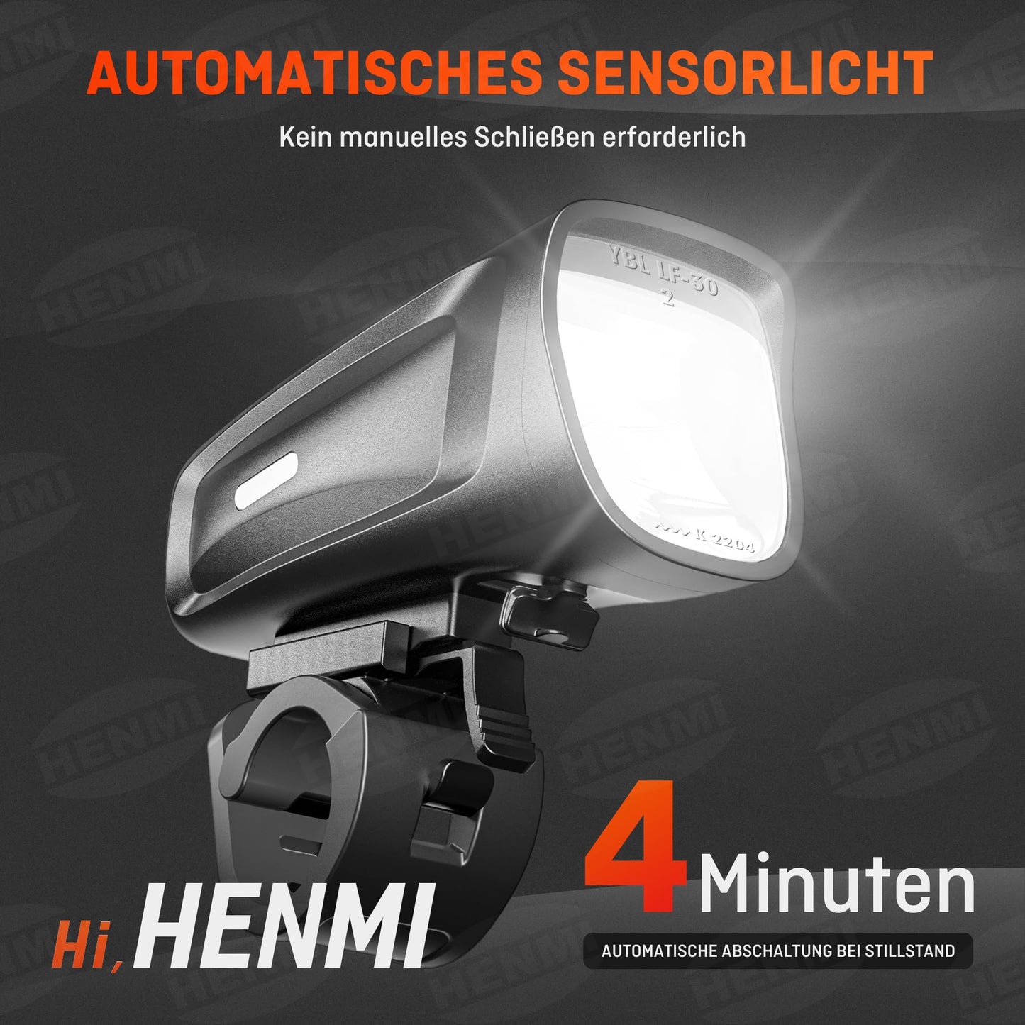 HENMI LED front bike light 100 LUX, StVZO approved front bike lamp, IPX5 waterproof bike light USB Type C with low battery warning and 3 brightness modes bike light.