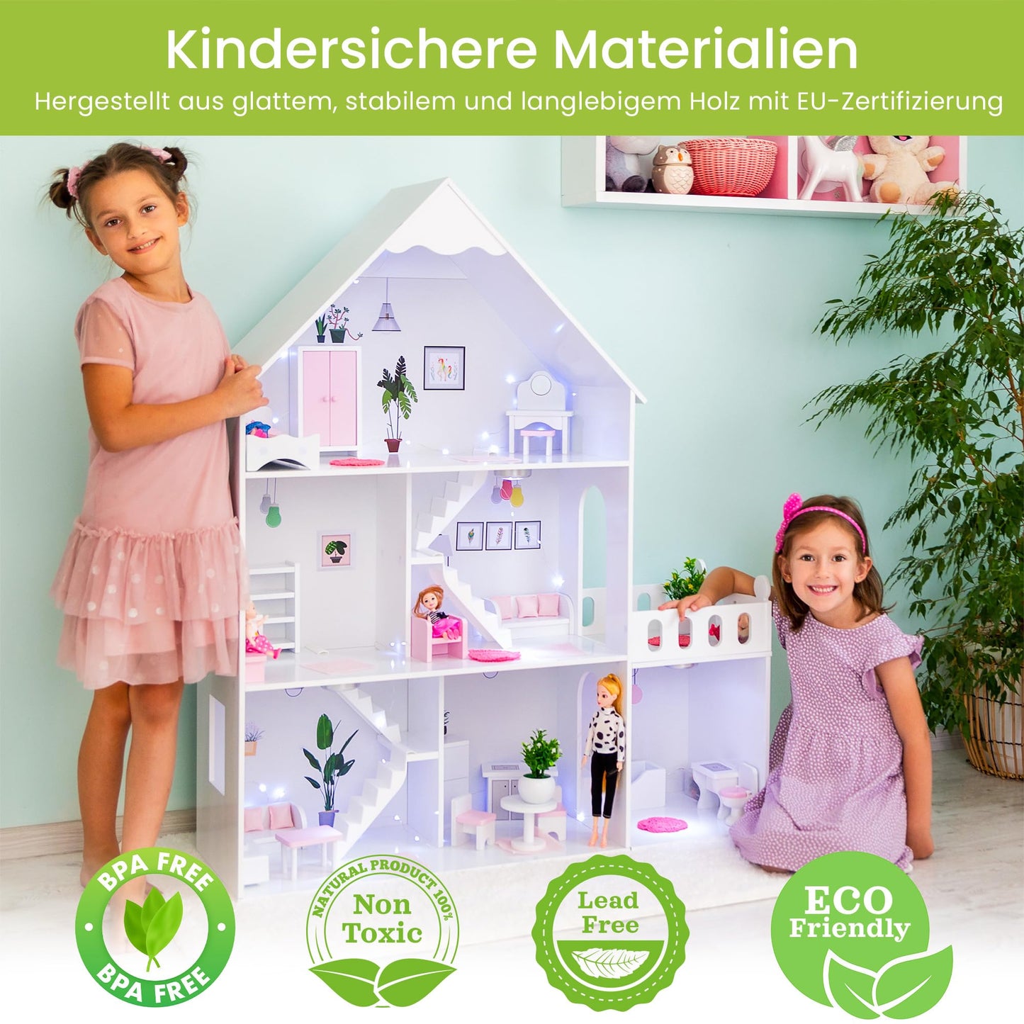 Green Series Wooden Dollhouse XXL - 3 floors with LED light & 57 accessories - For 30 cm fashion dolls (Barbie size) - 118 cm tall, 7 rooms