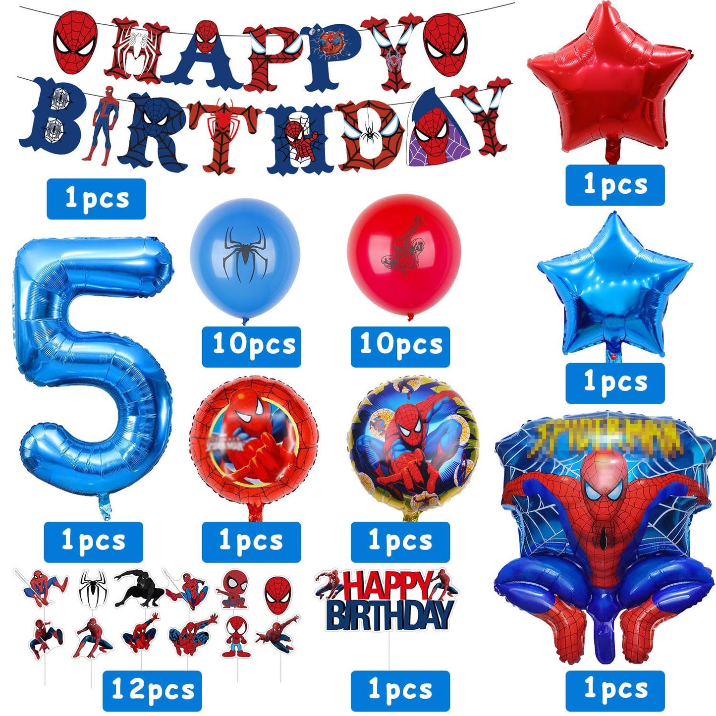 Spiderman birthday party decorations, 30 helium balloons for birthday, featuring huge 3D Spiderman hero balloons and number balloons, birthday decor for 5-year-old kids.