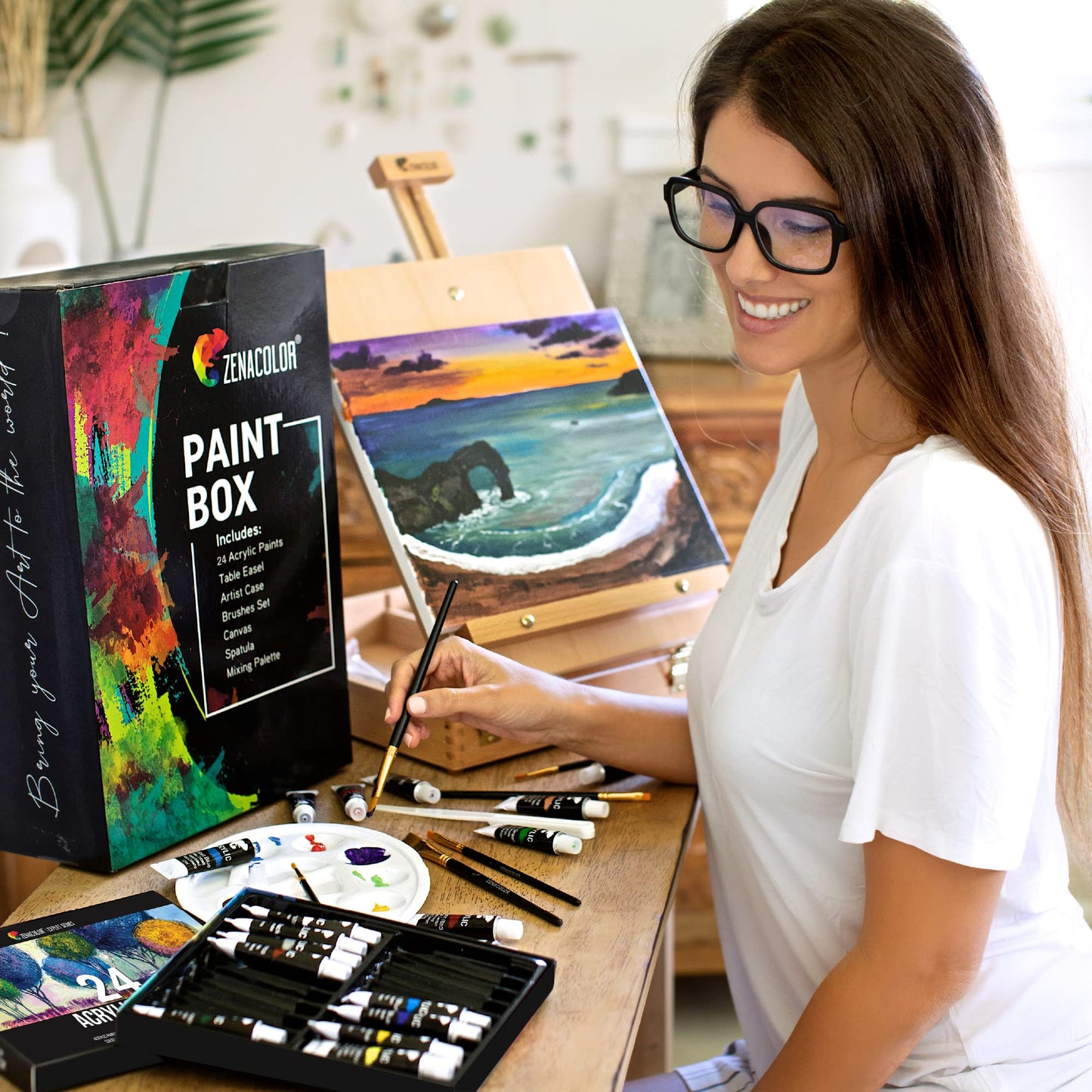 Acrylic paint set for artists 34-piece - with wooden carrying case for adults, easel, 24 tubes of acrylic paint, 6 paintbrushes, canvas, palette knife, and mixing palette.