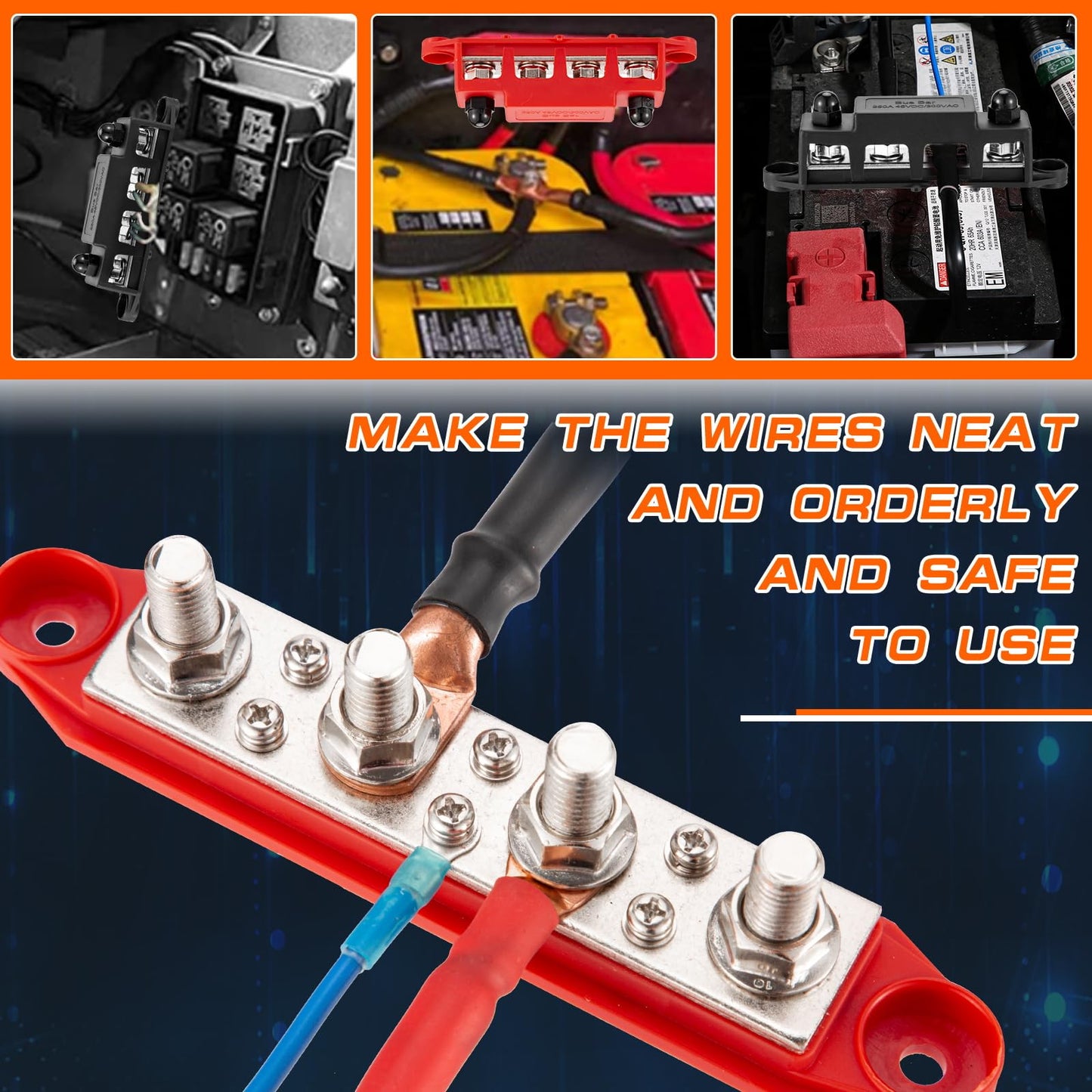 250A 12V busbar with 4 x M8 (5/16") terminal studs, DC bus bar distribution block with cover, negative & positive high power bus bar box for car, boat, solar system (M8)