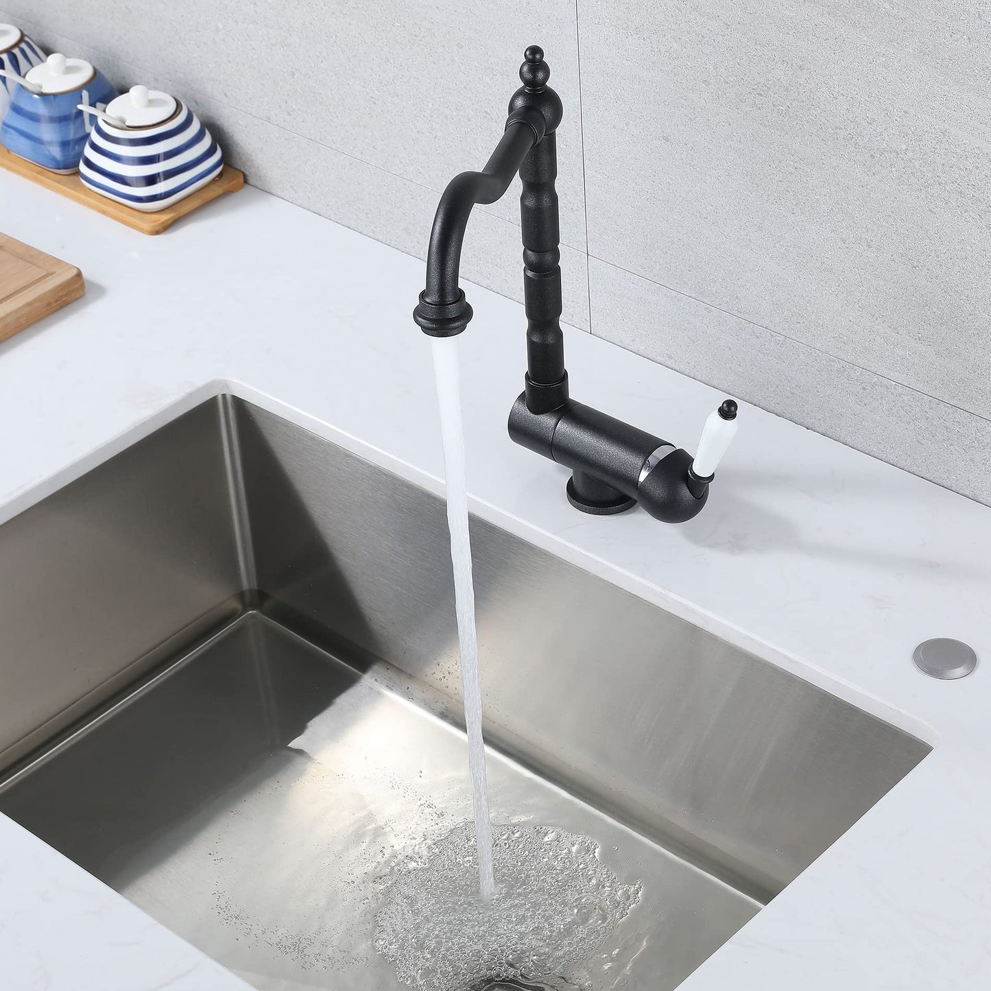 SJQKA Black Kitchen Faucet, Pre-Window Kitchen Tap Foldable 180°, Brass Single Lever Kitchen Mixer Tap 360° Rotatable (frosted/black)
