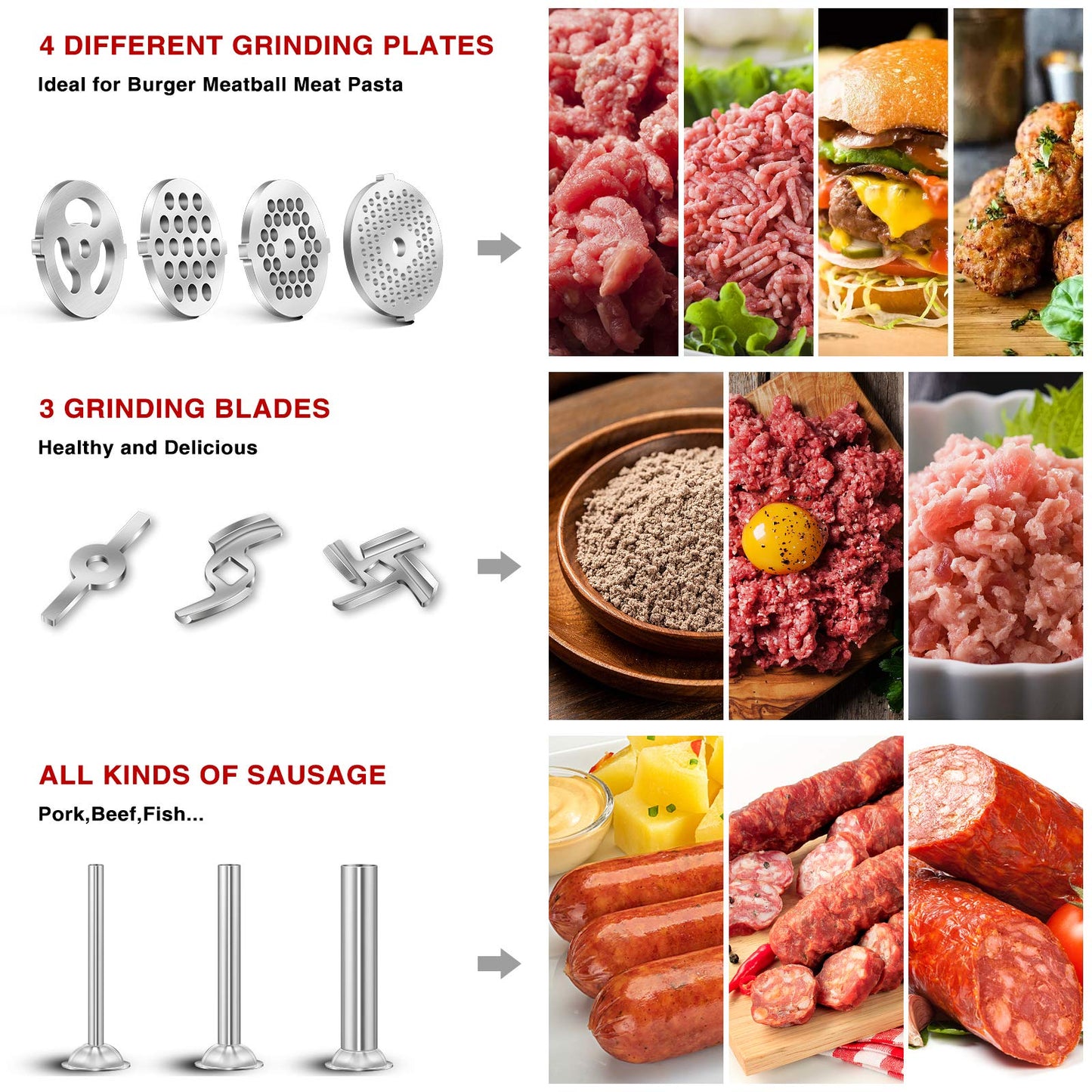 Meat grinder accessory for KitchenAid Artisan - Meat grinder Kitchen Aid includes 3 sausage fillers, 4 grinding plates, 2 blades, burger press, cleaning brush (Artisan not included, accessory only)