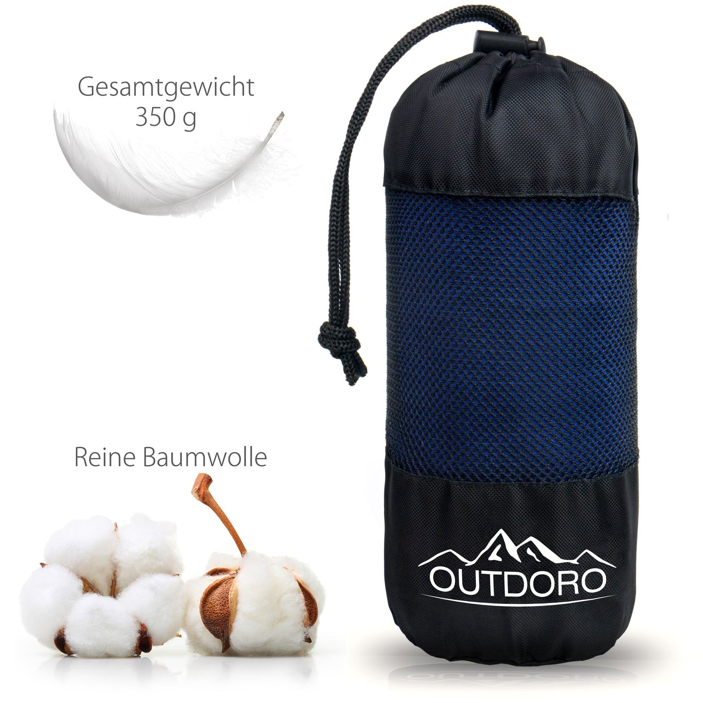 Outdoro Hut sleeping bag, ultra-light travel sleeping bag - only 350 g made of pure cotton with pillow compartment - thin & small - liner, travel sheet