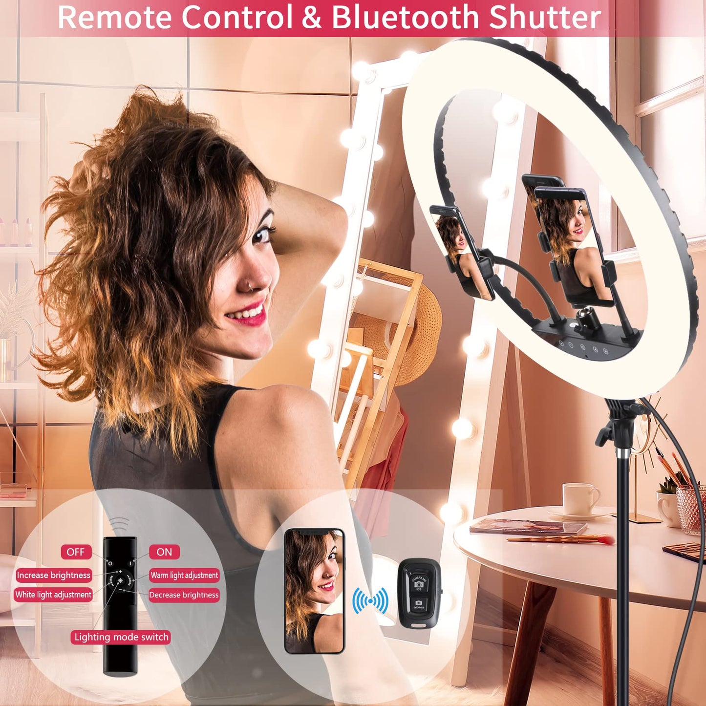 21-inch LED ring light with tripod stand, large ring light with touch panel for YouTube vlog video recordings, makeup studio portraits with remote control, CRI>97.