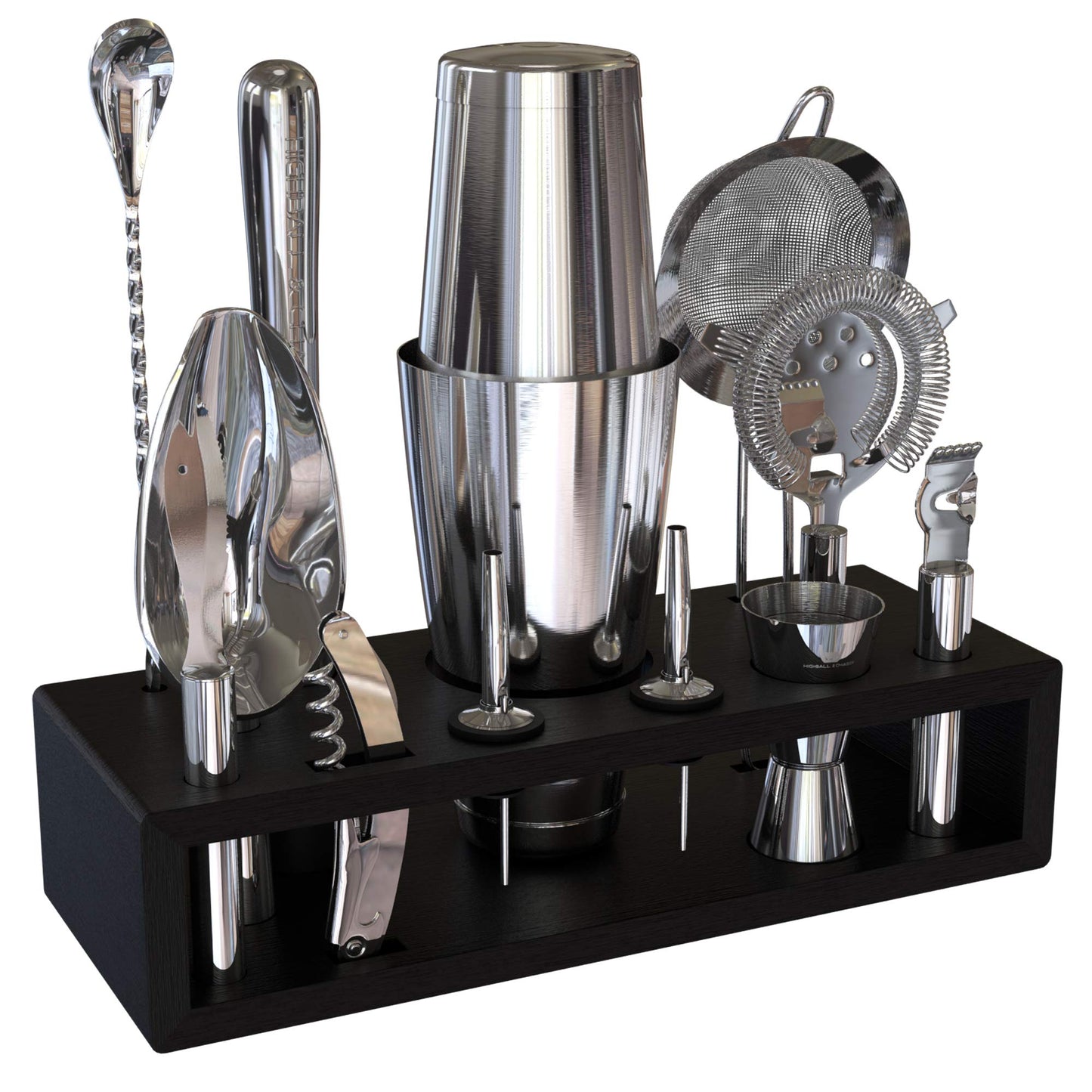 Highball & Chaser bartender kit cocktail shaker set with black stand and drink mixer set. Martini bar set with mixology bar tool set. Best bar accessories (silver) 2 oz.