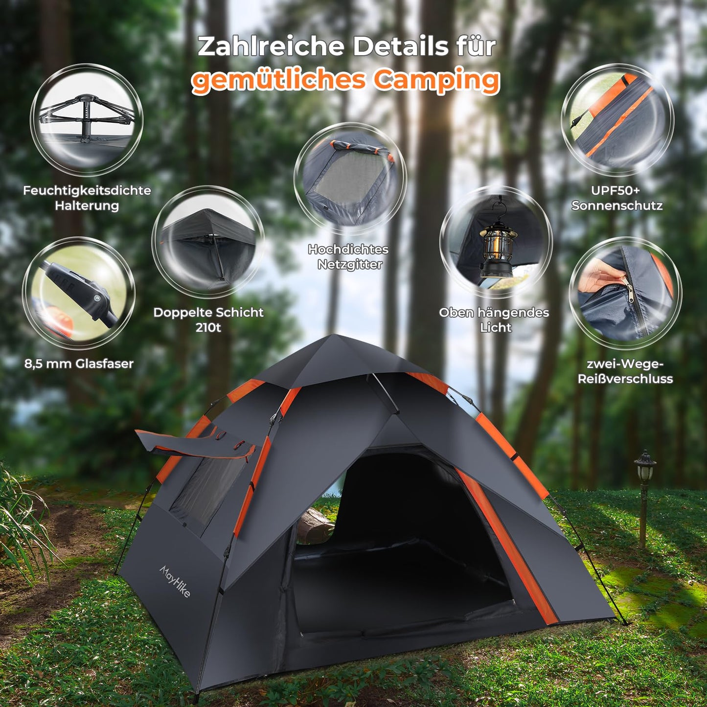 Pop-up camping tent for 2-4 people | 100% waterproof & wind-resistant family tent | 230x230x135 cm + 2 doors with ventilation mesh | Perfect for campsites & summer festivals | Includes tent bag