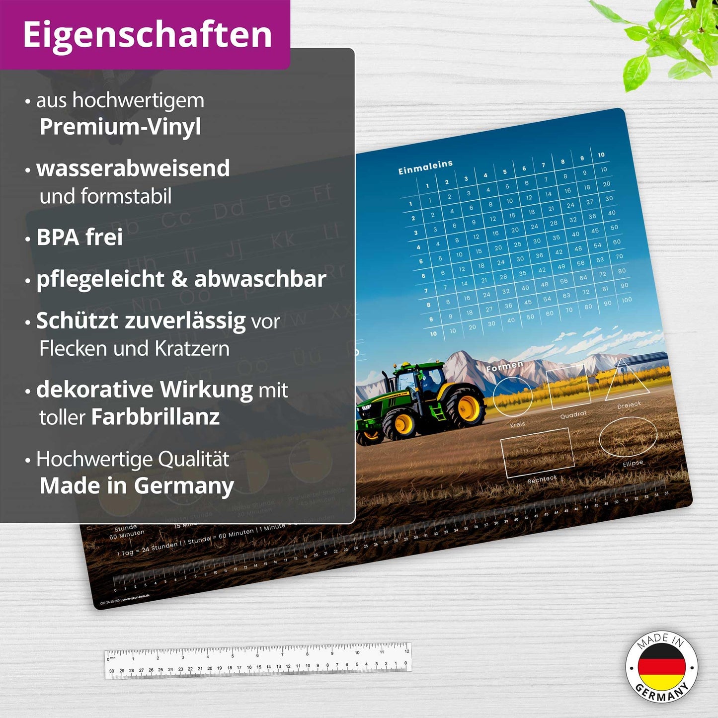 Desk pad for children - learning pad for starting school in various designs - ABC, times tables, clock - 60 x 40 cm - made of wipeable vinyl - Made in Germany (tractor design)
