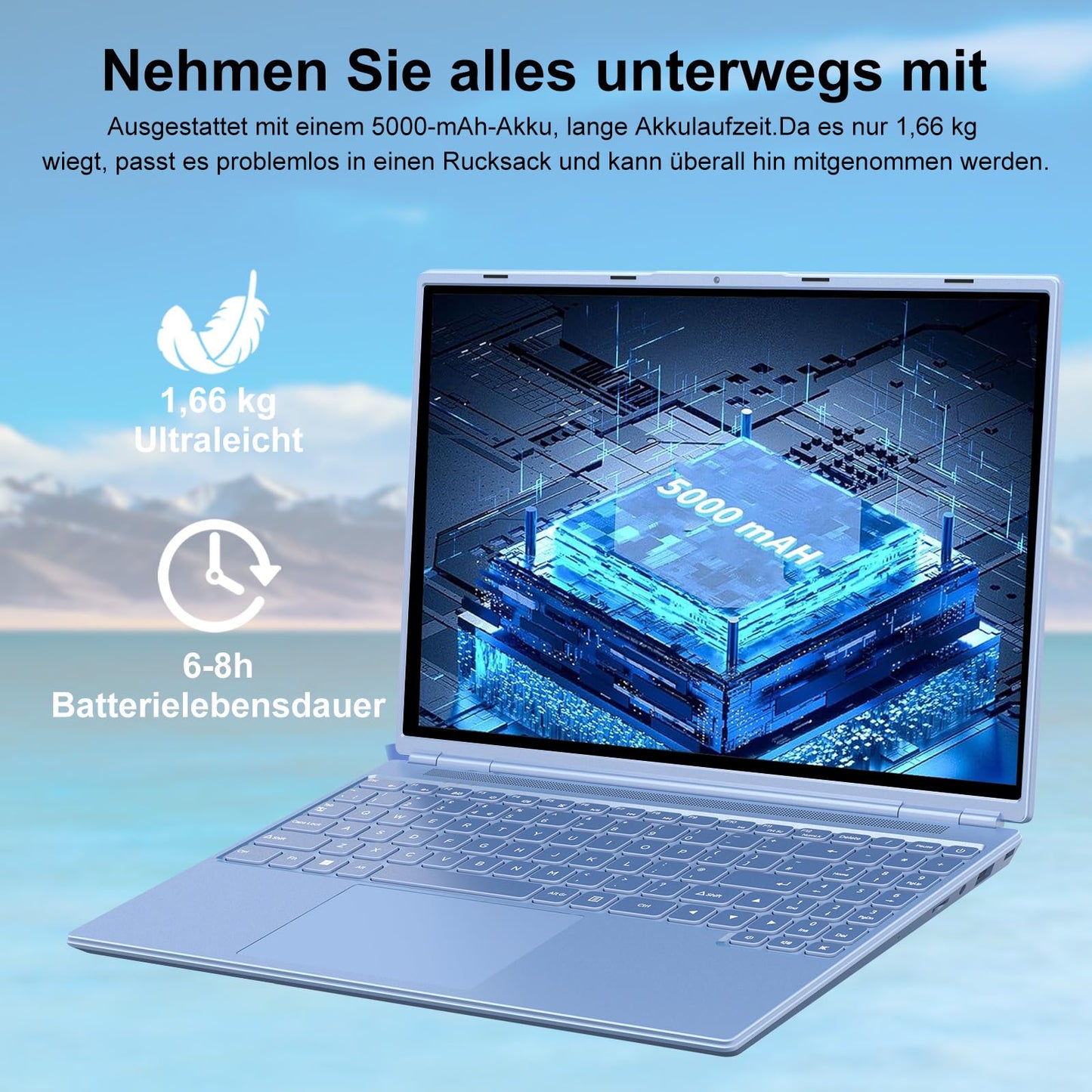 AOCWEI Laptop 16 inch 12GB RAM 512GB ROM Expandable 2.5" 1TB SSD, Laptop Win 11 with 4-Core CPU N5095 (up to 2.9 GHz), 1920 * 1200丨5G WiFi丨Bluetooth & German Keyboard Stickers-Blue