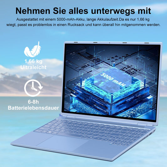 AOCWEI Laptop 16 inch 12GB RAM 512GB ROM Expandable 2.5" 1TB SSD, Laptop Win 11 with 4-Core CPU N5095 (up to 2.9 GHz), 1920 * 1200丨5G WiFi丨Bluetooth & German Keyboard Stickers-Blue