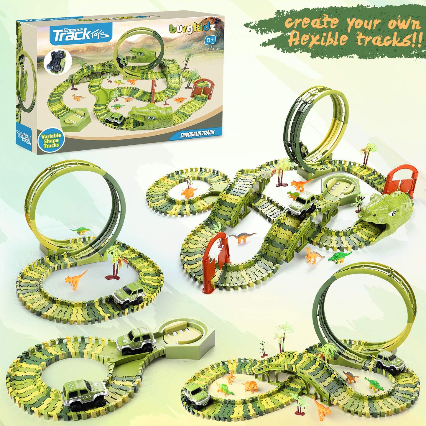 Burgkidz Dinosaur Race Track Play Vehicles Toy Set, 387 Pieces of Flexible Dino Tracks with 360 Loop and Car Turntable Playset, 2 Race Cars, Gift for Kids 3+ years old.