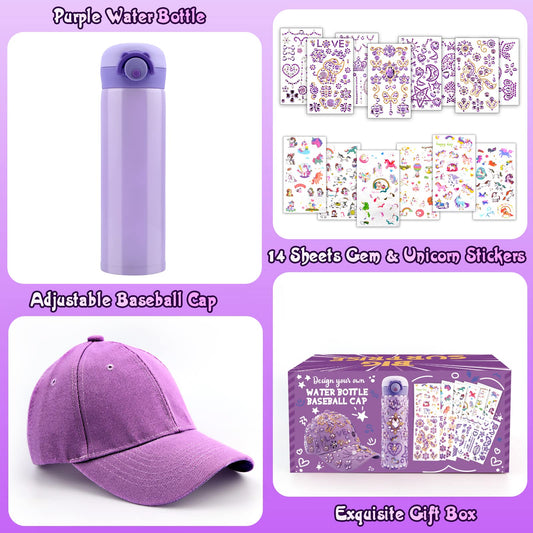 Gifts for girls DIY water bottle baseball cap, customize with gemstone unicorn stickers, back to school birthday gift for girls ages 4-13, hat crafting.