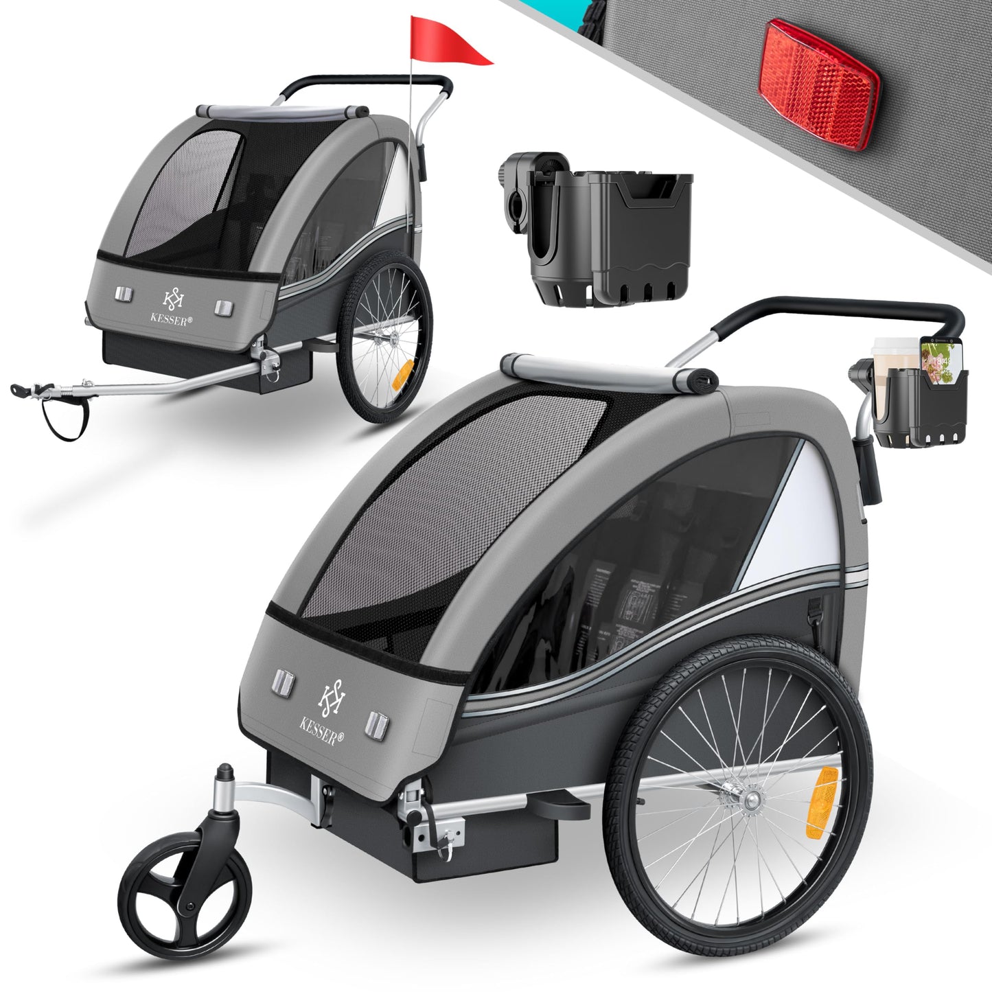 KESSER® child bicycle trailer Sport-RX 2in1 jogger & buggy with 5-point harness, safety belt, 360° front wheel, reflectors, suitable for 1-2 children (max. 40 kg), with cup holder & smartphone compartment.