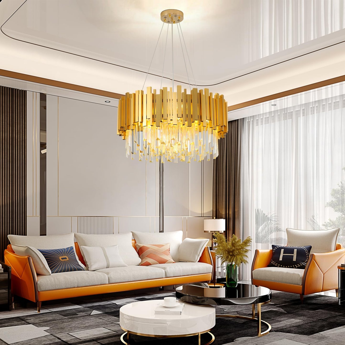 AHXIAOZN Modern Crystal Chandelier, Crystal Ceiling Light Gold, 9xE14 Lights for Dining Room, Kitchen, Living Room, Bedroom, Hallway, Café, Bar