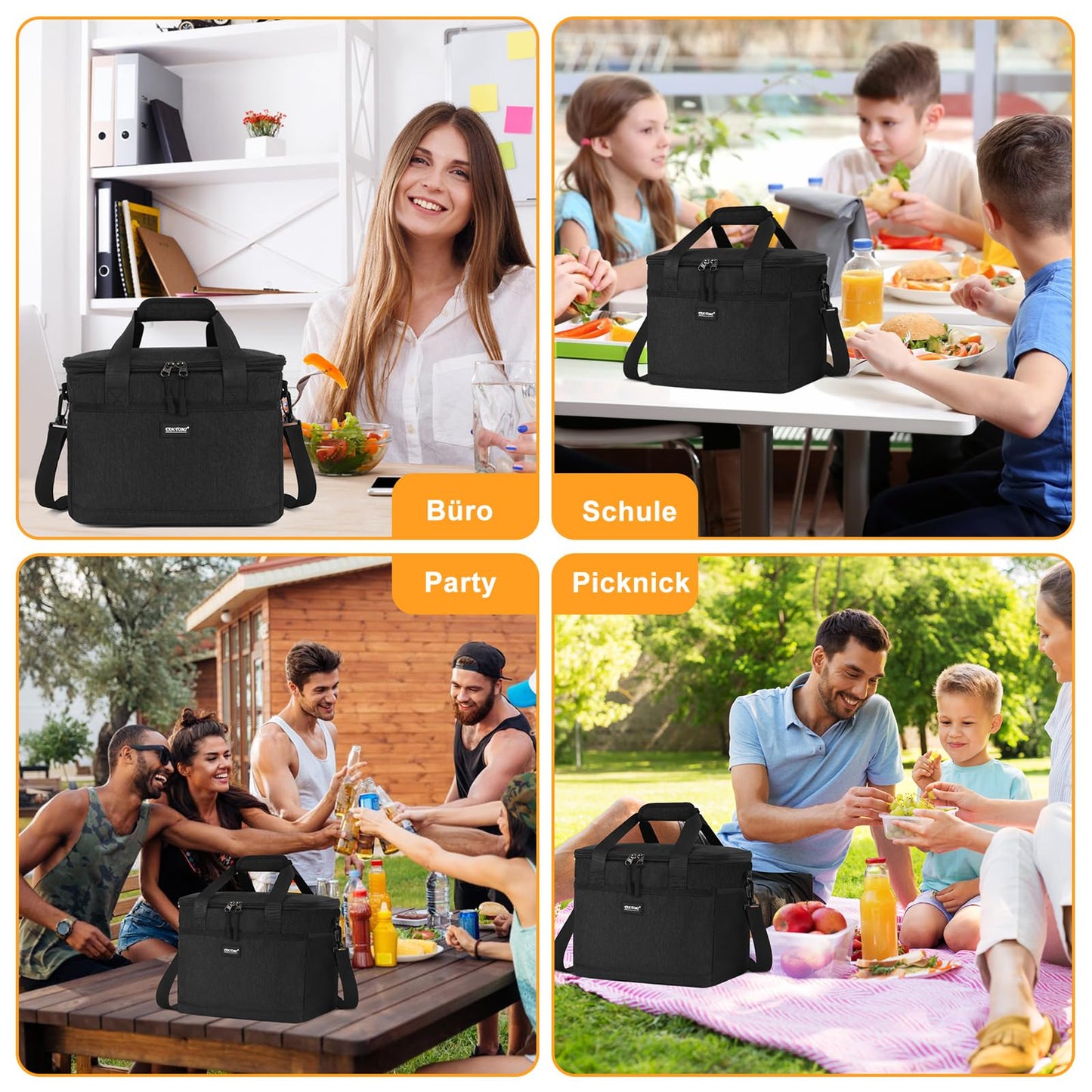 CALIYO Cooler Bag 15L Foldable & Portable with Zipper - Lunch Bag for Men and Women, Insulated Lunch Tote for Work, School, Picnic, Travel (Black)