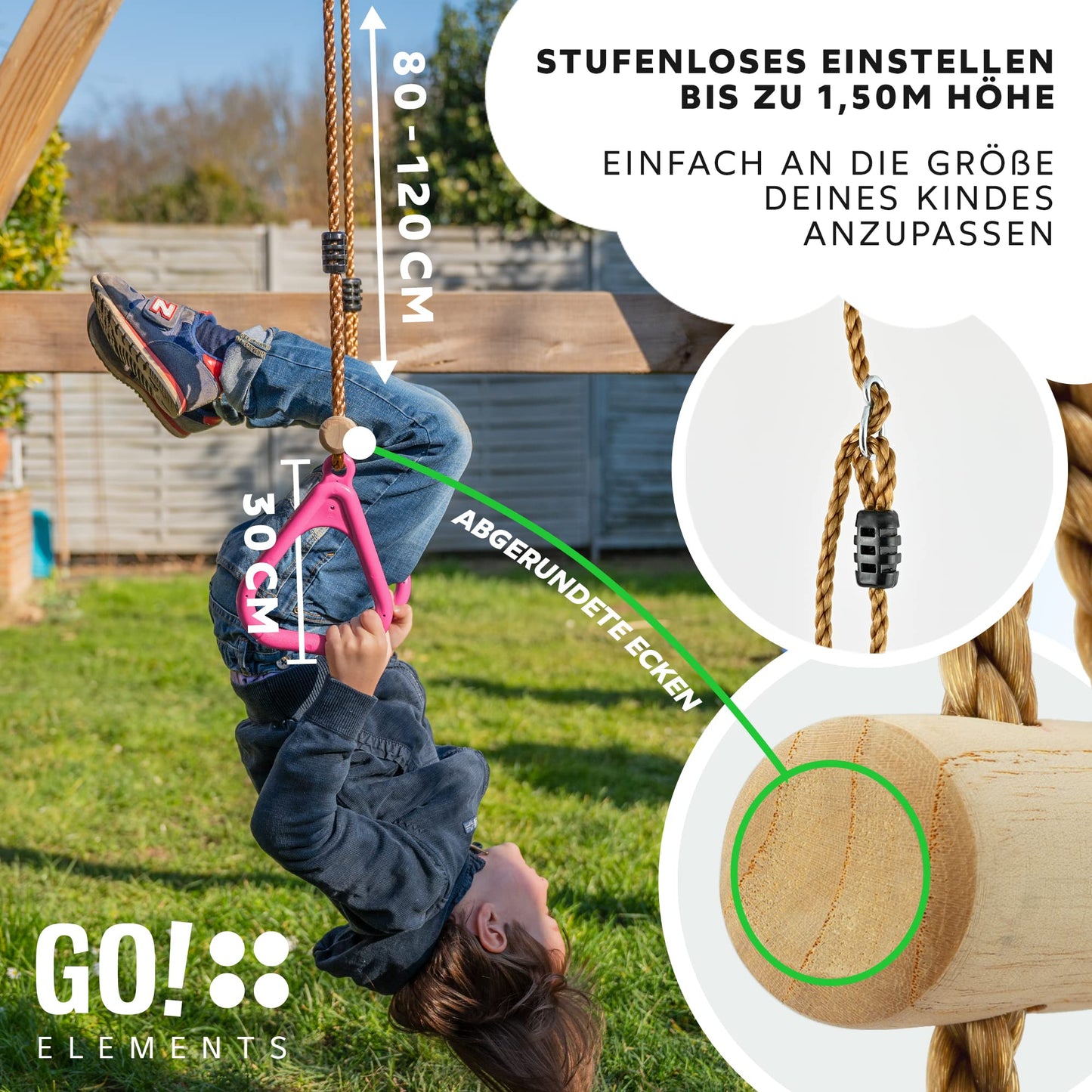 GO!elements Trapeze Swing Garden - Children's Swing Outdoor Indoor - Swing Seat Swing Board Board Swing for Kids to Swing - Height Adjustable - Non-slip - Color: Pink