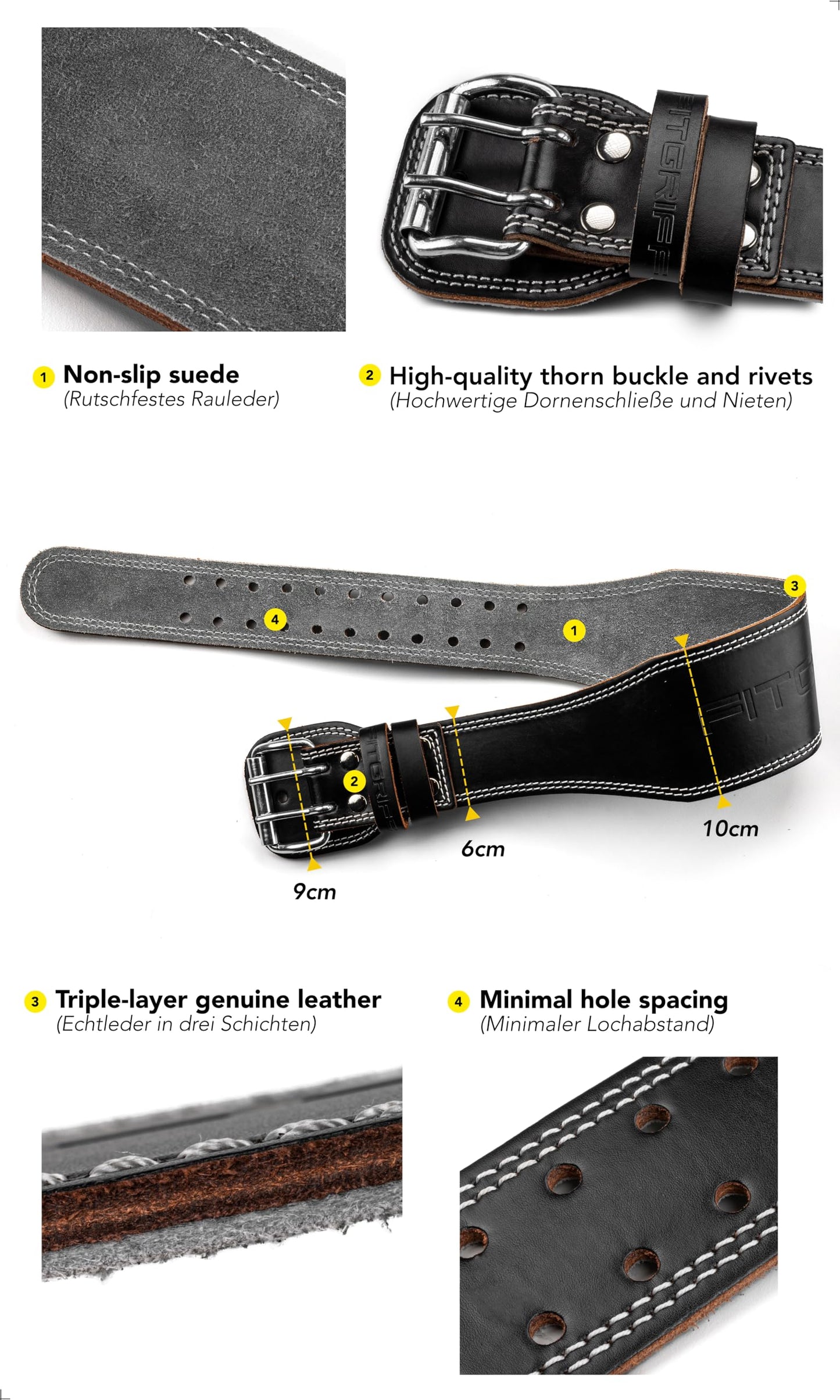 Fitgriff® Classic Weightlifting Belt - 100% Leather - for Men and Women - Belt for Bodybuilding, Strength Training, Weightlifting - Classic Leather Weightlifting Belt (Black, 4 inch, M)