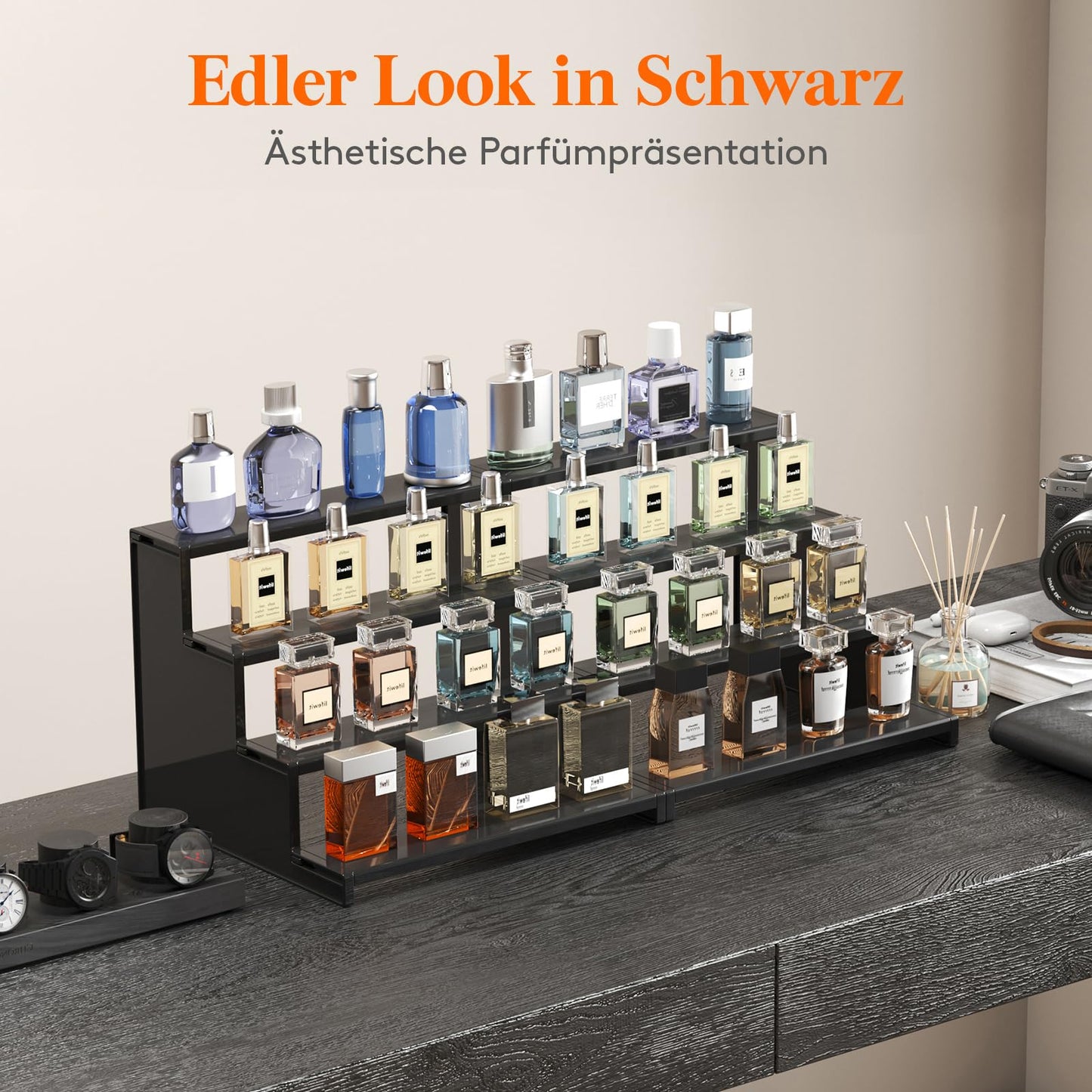 Lifewit Black multifunctional tiered display shelf for colognes, figurines, skincare, collectibles, for makeup room, living room, bedroom, bathroom, 30.5cm, 3 Pack