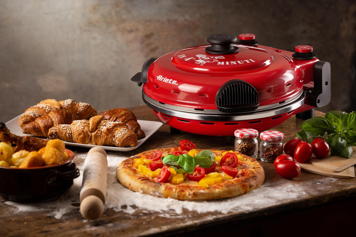 Ariete Pizza Oven 919, 4-minute pizza, 5 cooking levels, heat-resistant plate for reheating, wooden cutting board included, Max. temp 400°C, 1200W, Red.