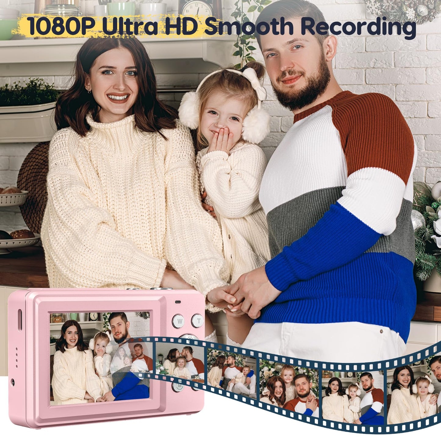 Digital camera 44MP FHD 1080p camera with 32G card. Photo camera with battery. Easy portable 16X digital zoom camera for kids, teens, students, seniors, beginners. (Pink)