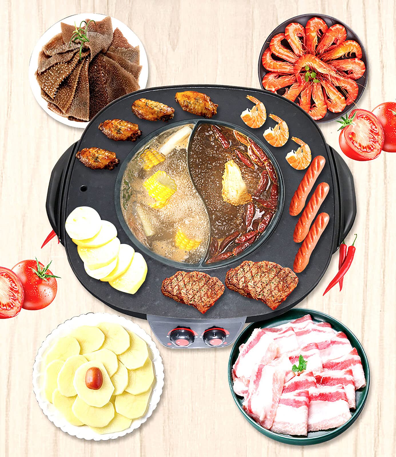 2 In 1 Hotpot and Grill, Electric Hotpot Pot Electric Grill Non-Stick Smokeless Grill Oven, Indoor Korean BBQ Grill Barbecue Fondue Raclette, for 5-6 people