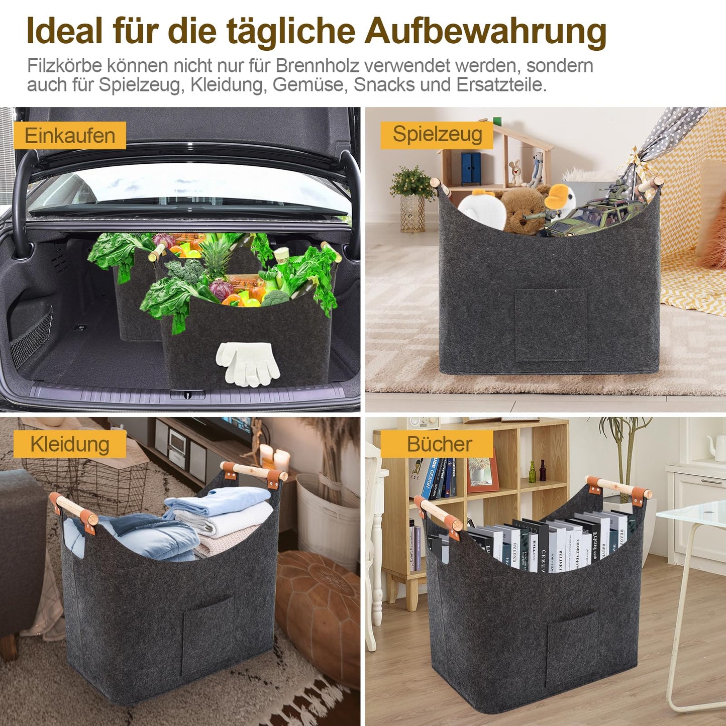 LARGE FINEW wooden basket for firewood, XXL firewood basket with gloves, Foldable felt bags made of felt, Large felt baskets for firewood storage, newspapers, wood, toys.