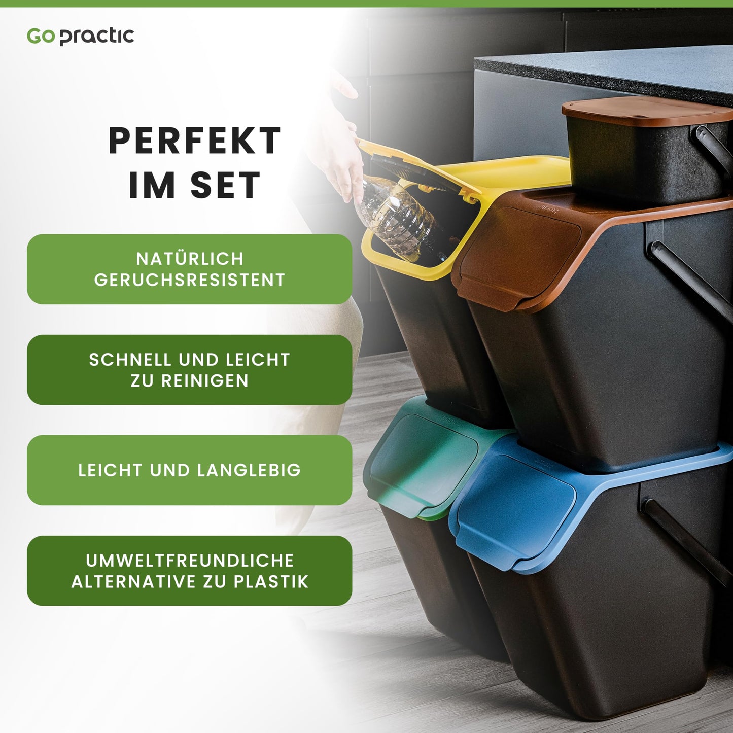 Practice with Go Green 4.5L Kitchen Compost Bin, with lid, ideal for separating organic waste like fruits and vegetables, with click function for easy use in waste separation.