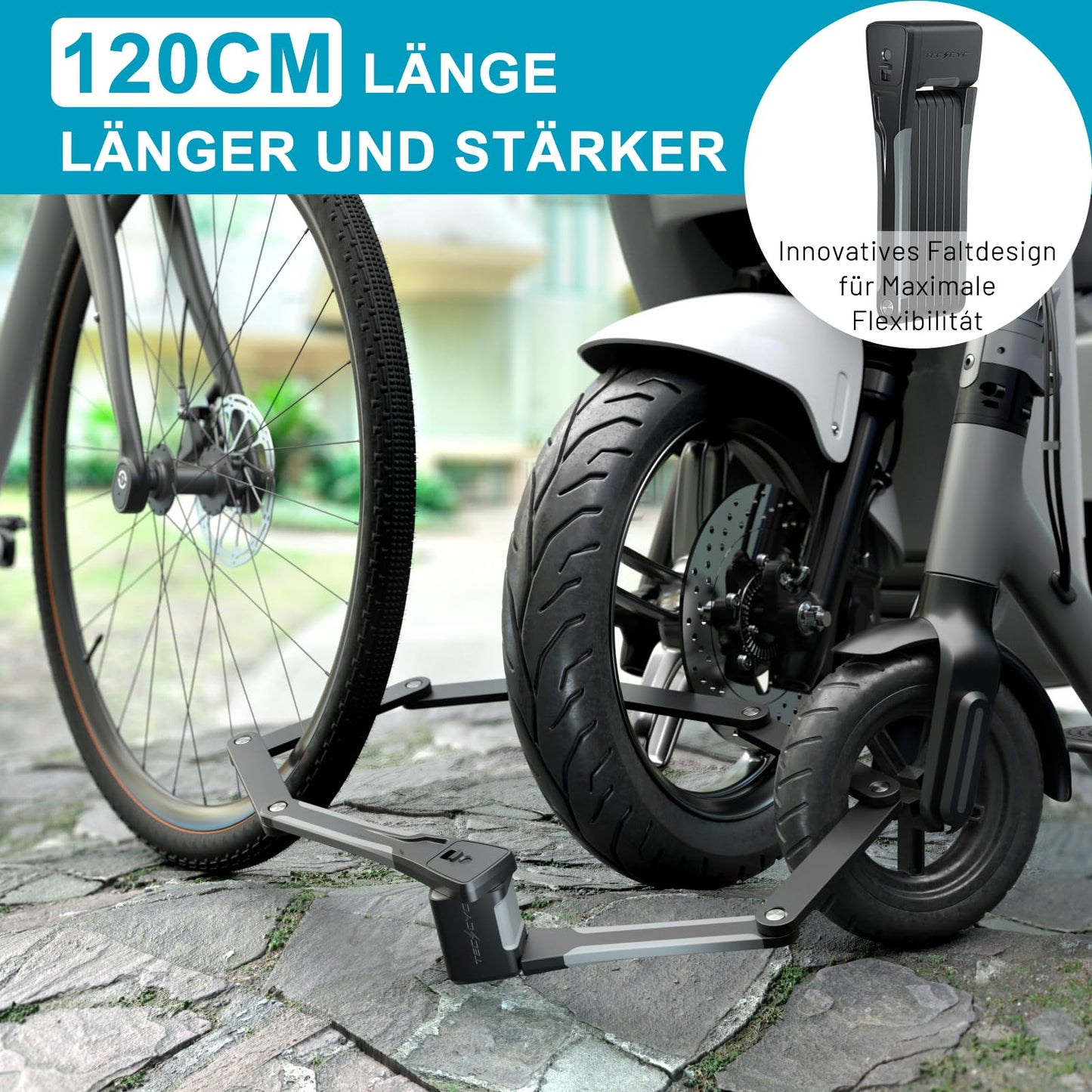 TECHCYC bike lock, folding bike lock with 3 keys, theft-proof, sturdy bike lock made of hardened carbon steel, high-security bike lock including bracket (120cm)