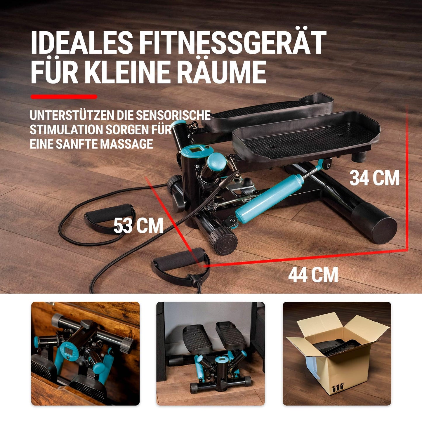 Hop-Sport Stepper Joy Blue with training computer, home swing stepper, fitness equipment with resistance bands, compact cardio device, max. weight capacity 100 kg.
