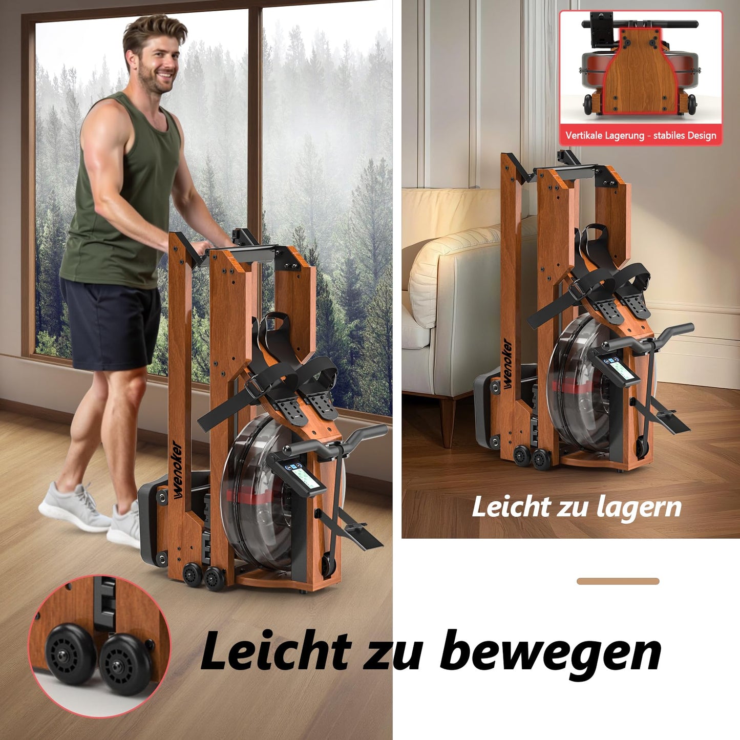 Wenoker Home Water Rowing Machine made of solid wood, foldable rowing machine with Bluetooth display, high-quality wood construction, double slide rails, max weight capacity of 150kg.
