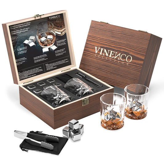 Whiskey Stones Set - 6 reusable stainless steel ice cubes + 2 glasses, tongs | Whiskey Ice Cubes Metal chilling stones bar accessories cocktail rocks gin stones decorative accessories gift whiskey stones.
