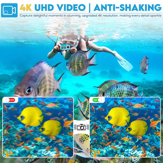 4K underwater camera with 64GB card, 48MP underwater camera with autofocus & HD dual selfie display, 3.5m waterproof camera, waterproof digital camera for kids & snorkeling (2 batteries)