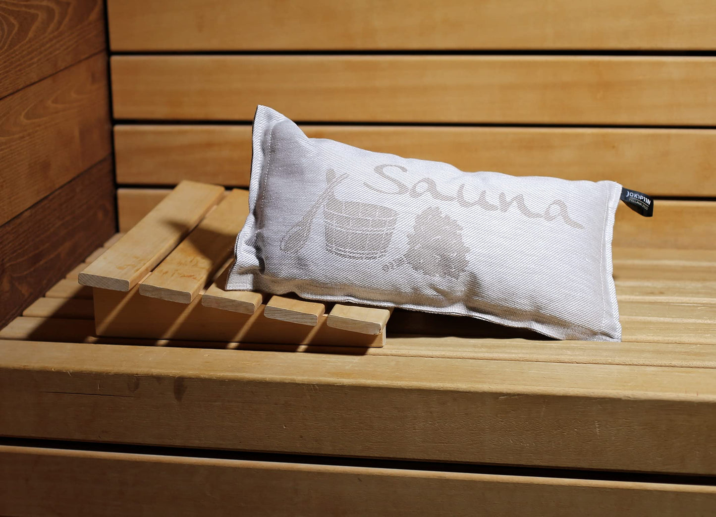 JOKIPIIN | 1 x Favorite Sauna Pillow Travel Pillow | Design: Sauna | Dimensions: 40 x 22 cm, Linen/Cotton | Certified pollutant-tested Ökotex 100 | Made in Finland (Beige/White)