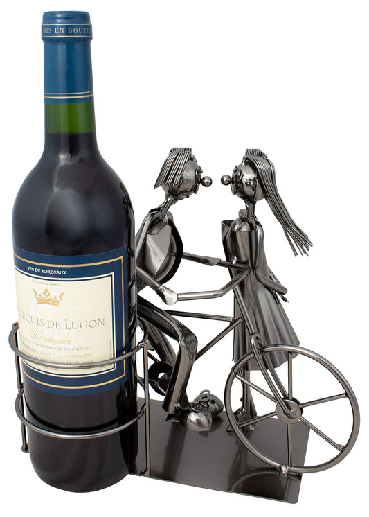 BRUBAKER wine bottle holder pair with bicycle decorations, metal bottle stand with greeting card for wine gift.