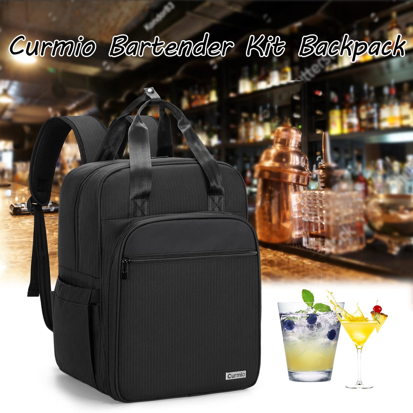 CURMIO Cocktail Shaker Set Bag, Storage Bag for Bartender Sets, Carry Bag for Barkeeper Set, Travel Bag for on the go, Cocktail Party or Wedding (NO COCKTAIL ACCESSORIES), Black