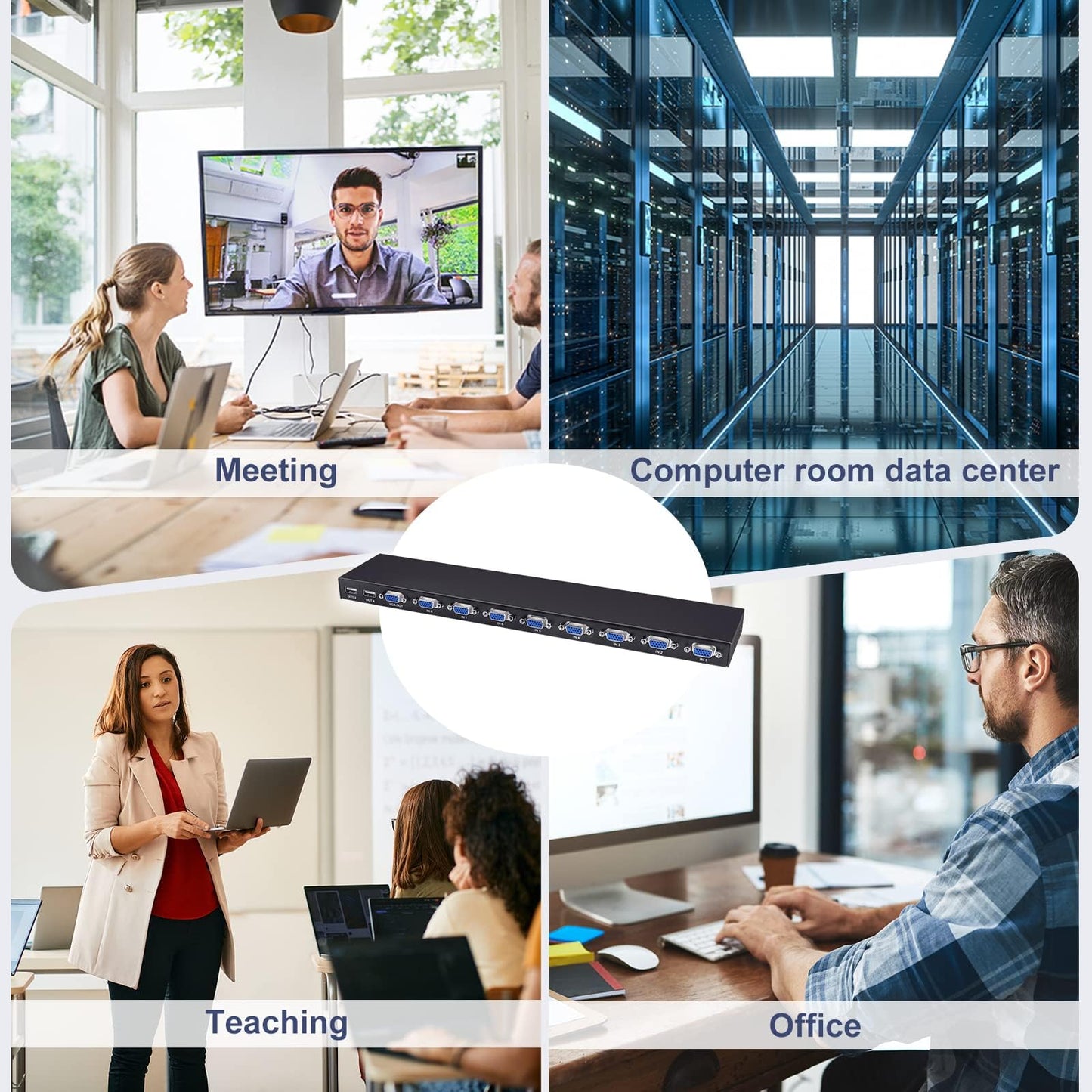 VGA KVM Switch 8 Port with 8 KVM cables, USB switch for 8PC sharing keyboard, mouse, printer, scanner, and VGA monitor.