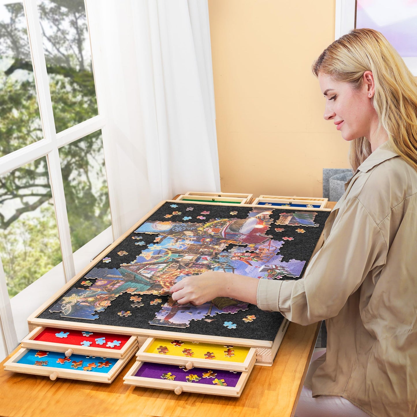 Tektalk folding puzzle board for up to 2000 puzzle pieces, with 8 sorting trays/drawers, puzzle table with lid, suitable for 2000, 1500, 1000, 500 puzzle pieces.