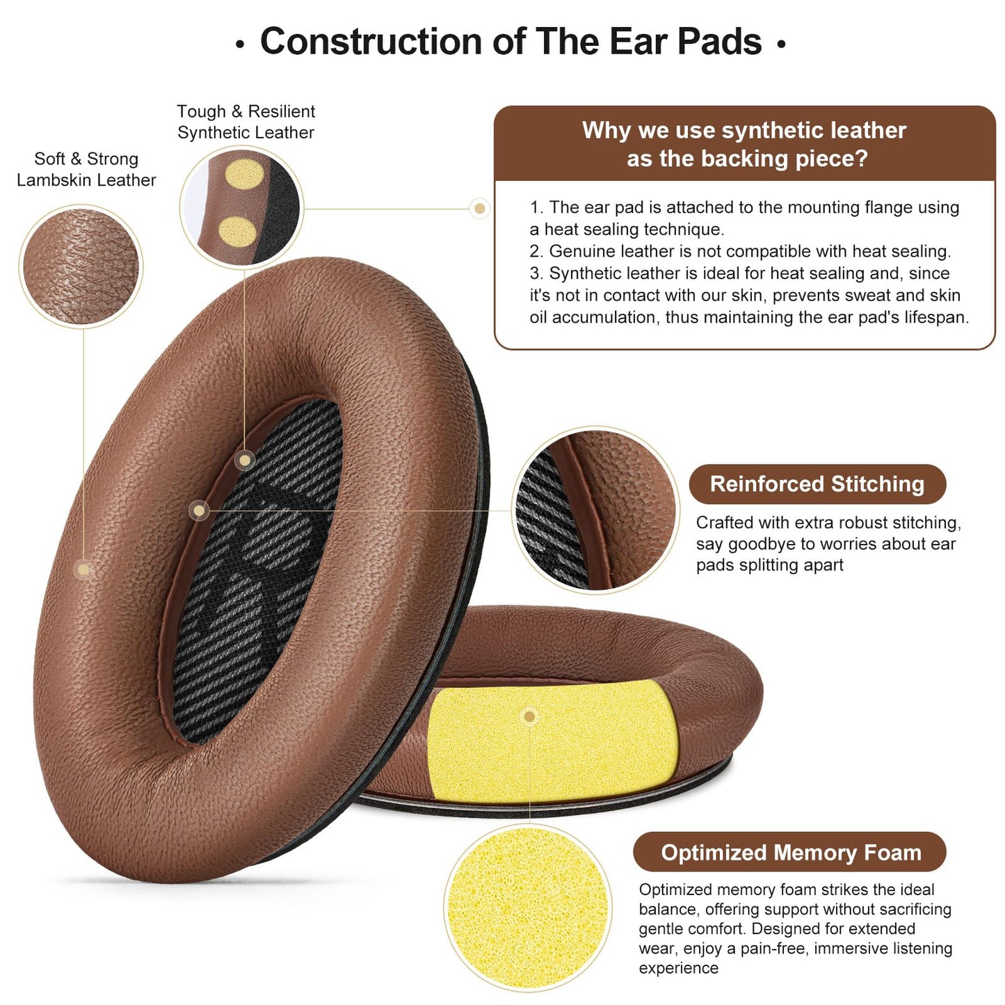 Aurivor genuine leather ear pads for Bose QuietComfort QC-35 QC-35-II QC-25 QC-15 QC-2 headphones, lambskin replacement ear cushions for Ae2/Ae2i/Ae2W SoundLink SoundTrue over-ear headsets.