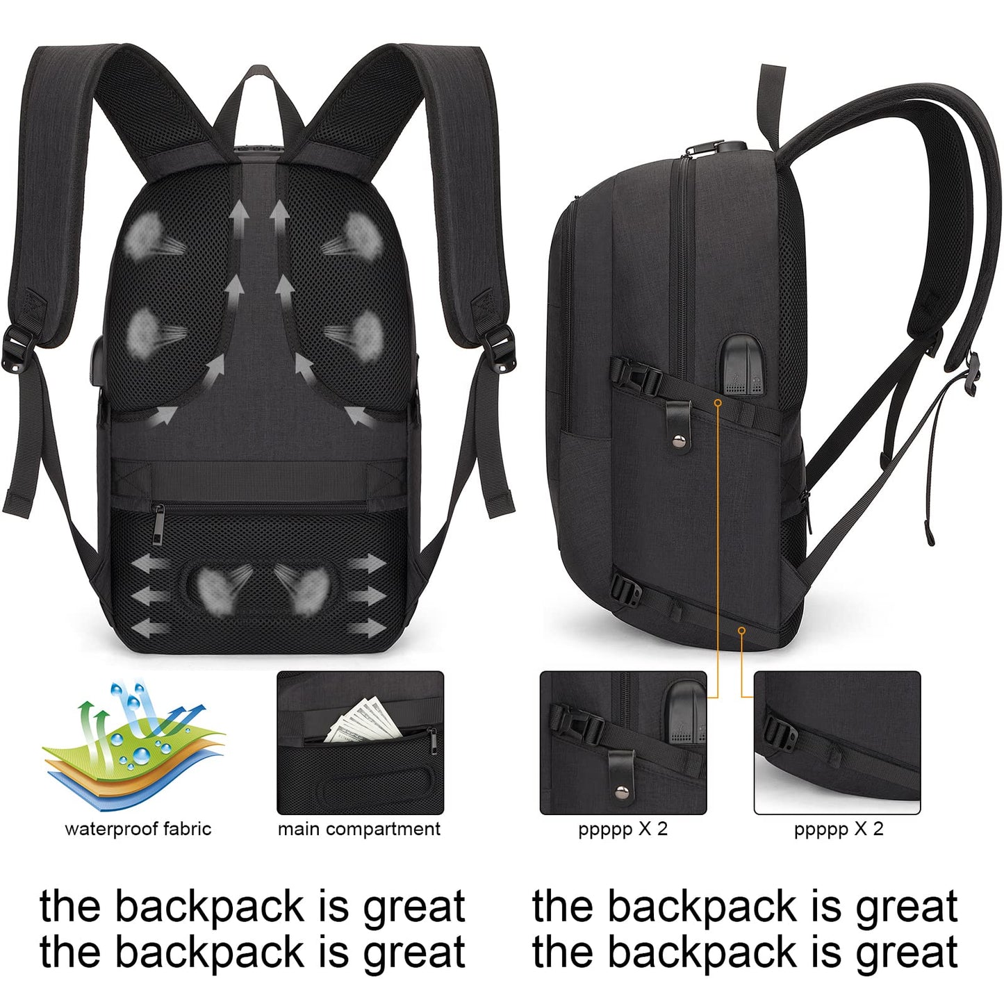 Tzowla Laptop Backpack for Men and Women, Travel Backpack Waterproof Anti-Theft with USB Charging Port and Lock for 15.6 Inch Notebook, Slim Business Work Casual Daypack-Black
