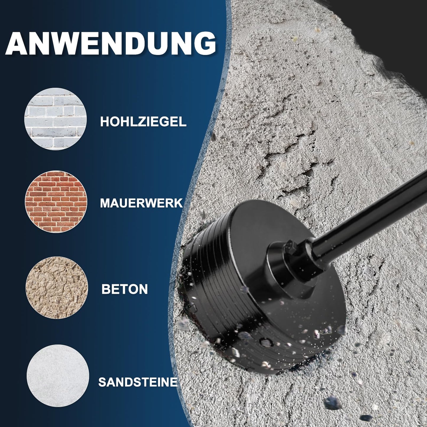 160mm carbide tipped hole saw (XXL teeth) black set including 220mm SDS plus extension and 4-cutter pilot drill 8x110mm, wall hole saw drill for masonry and concrete.