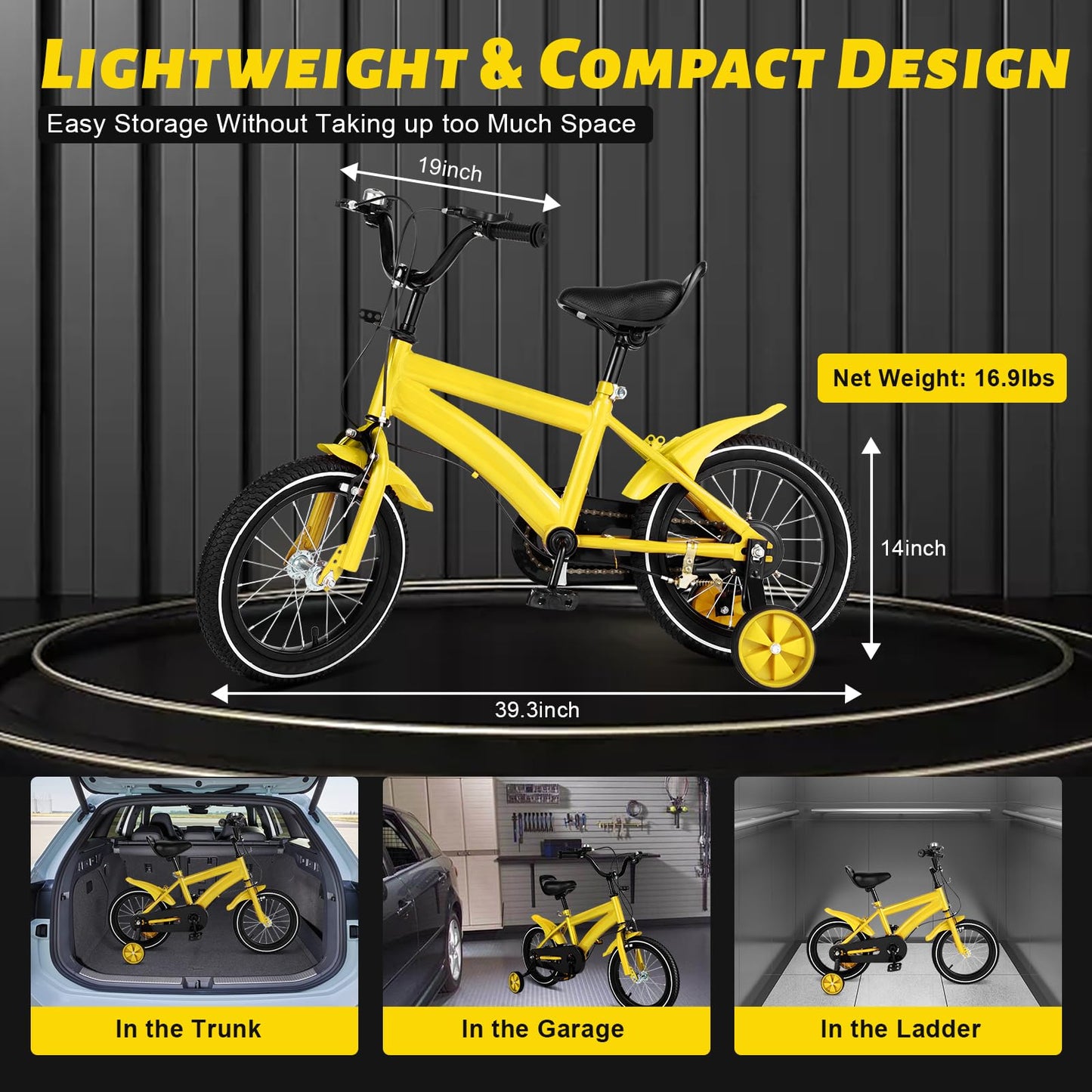 AOAPUMM 14-inch kids bicycle pedal bike children balance bike with training wheels for boys and girls 3-6 years old (Yellow)