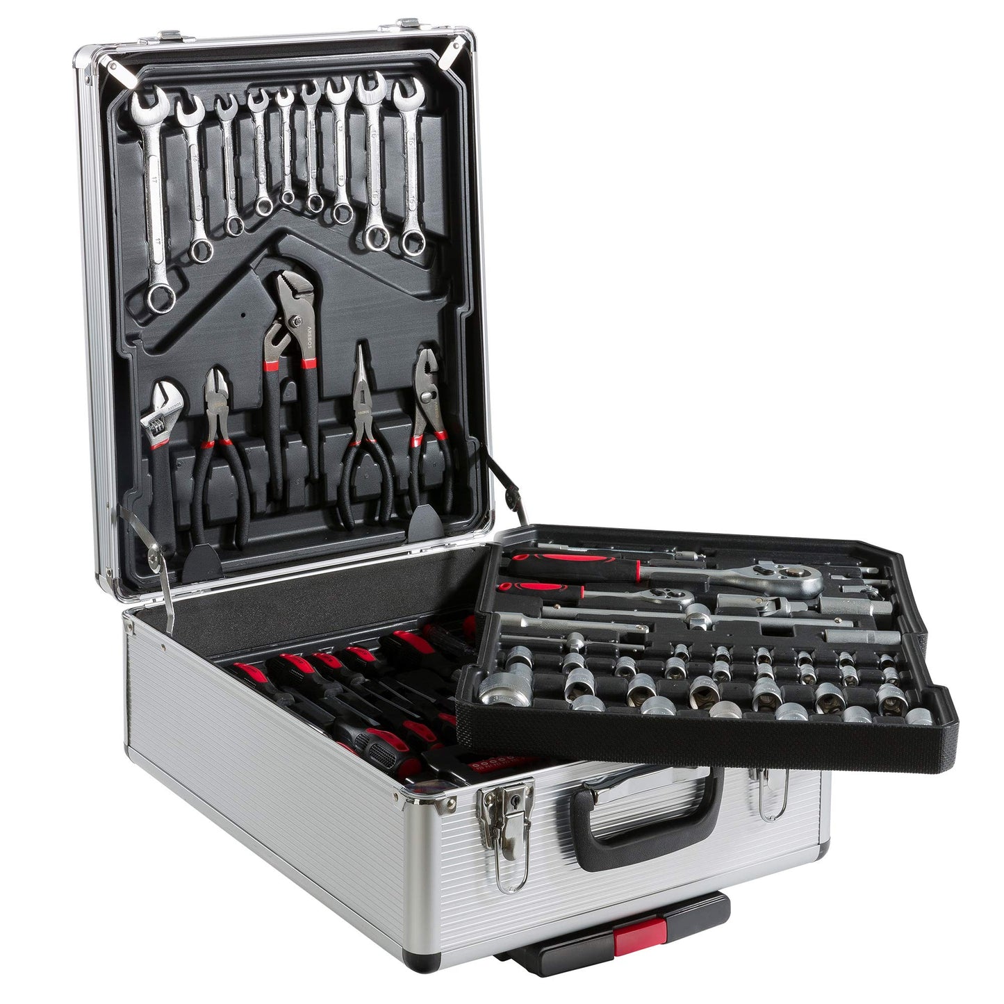 Arebos aluminum tool box filled | Tool set 1200 pieces | Rolling suitcase carrying case | Tool bag for household, garage & workshop | Tool box with 4 compartments & telescopic handle | Silver