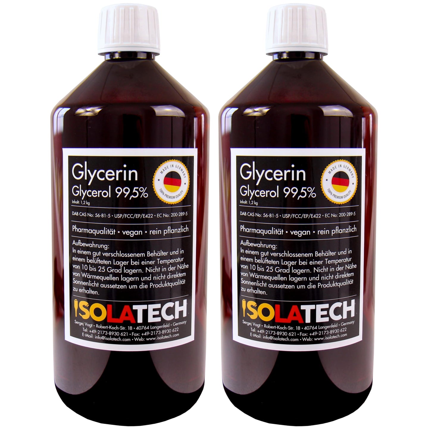 ISOLATECH Glycerin 99.5% 2 liters pharmaceutical grade made in Germany, tested 99.98% pure vegetable, glycerin glycerol liquid transparent 2 x 1000ml bottle (contents 2 x 1.2kg)