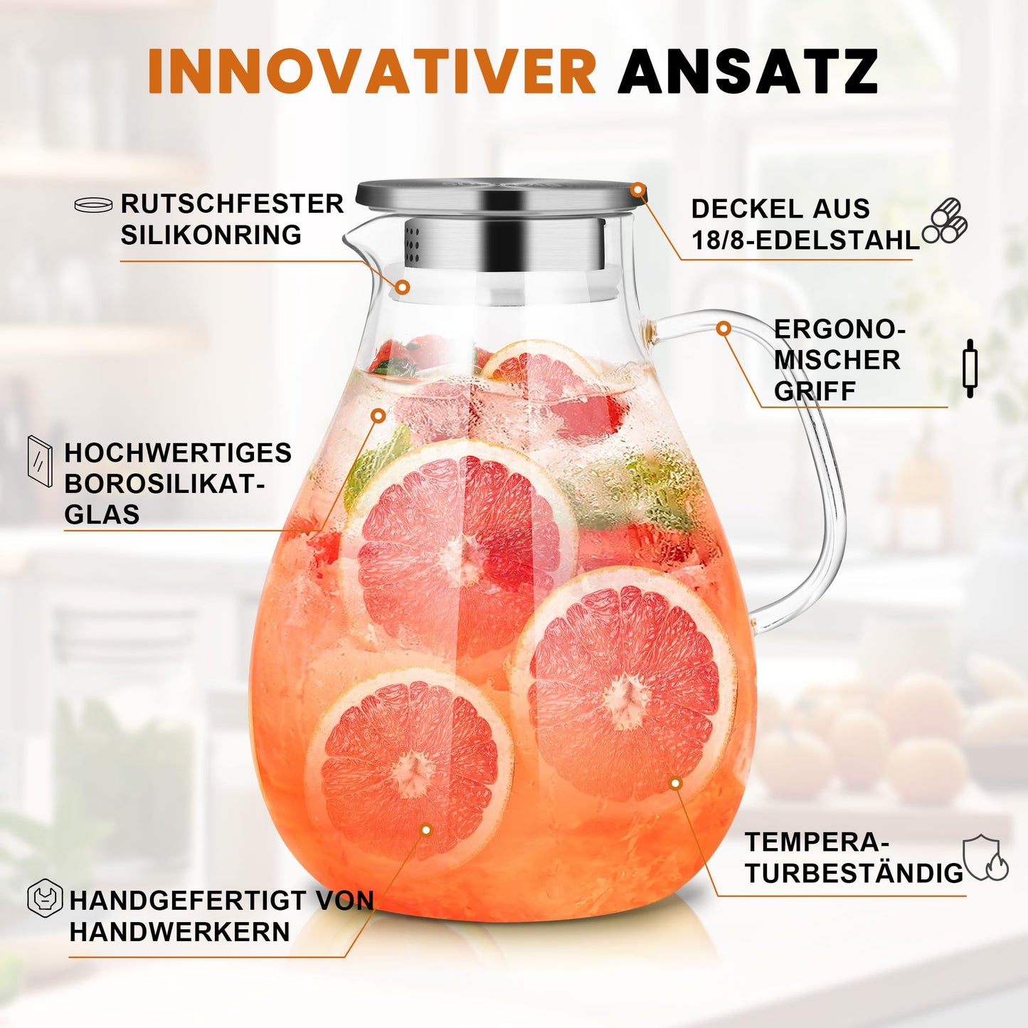 SUSTEAS 3.0 Liter 101 Ounce Water Carafe, Glass Carafe with Lid and Wide Handle, Easy to Clean Glass Pitcher for Fridge, Water Jug for Iced Tea/Milk/Coffee/Wine, Carafes with Brush