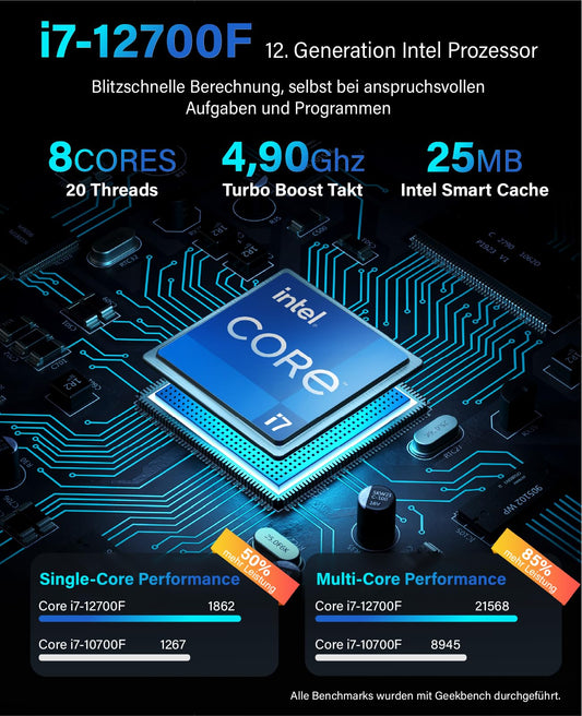 Greed® Ultra V2 PC with Intel Core i7 12700F - Fast desktop computer for office & home with 4.8 GHz, 32GB RAM, 1TB SSD + 1TB HDD, DVD+RW, USB 3.1, WLAN, incl. Win 11 Pro