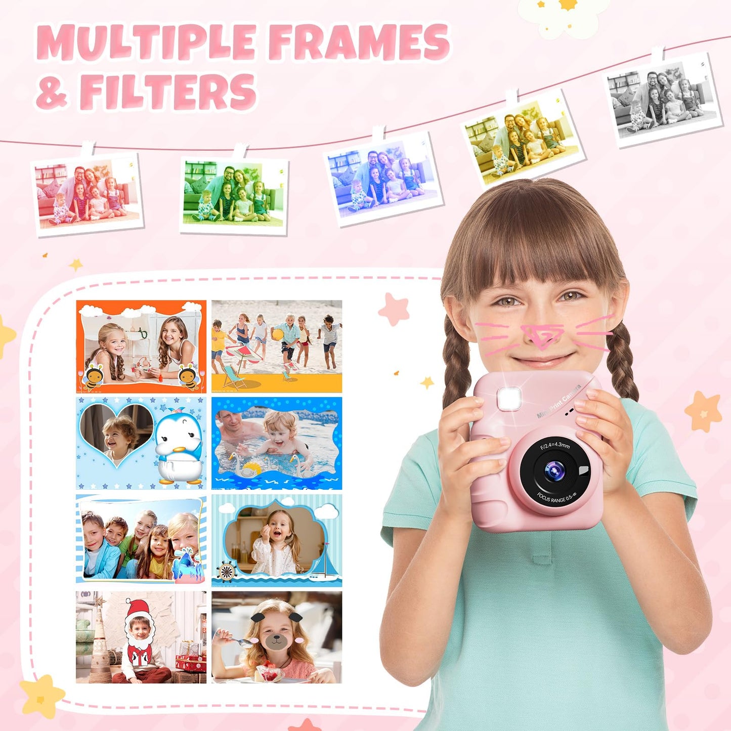 CalineGam instant camera for kids, 3.0 inch screen 48MP children's camera instant camera with 32GB card, 1080P HD camera kids instant print, gift for 3-12 boys and girls (pink)